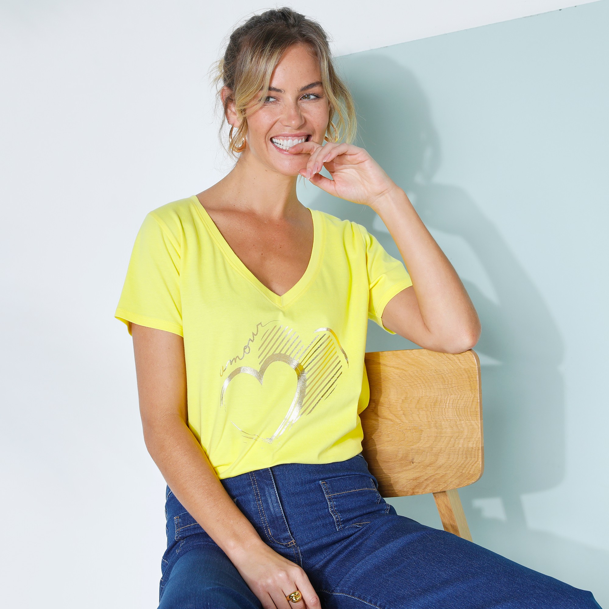 T-shirt Col V Imprimé Doré - Blancheporte