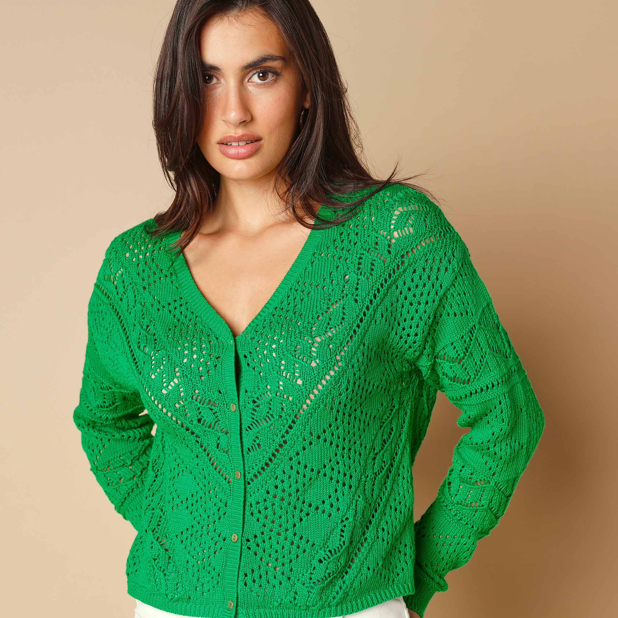 Gilet Maille Ajourée Fantaisie, Boutons Dorés - Lady K