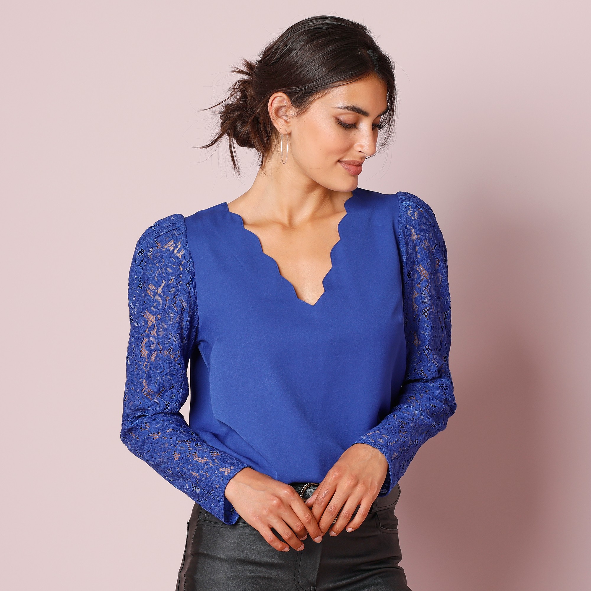 Blouse Décolleté Festonné Dos, Manches Dentelle - Blancheporte