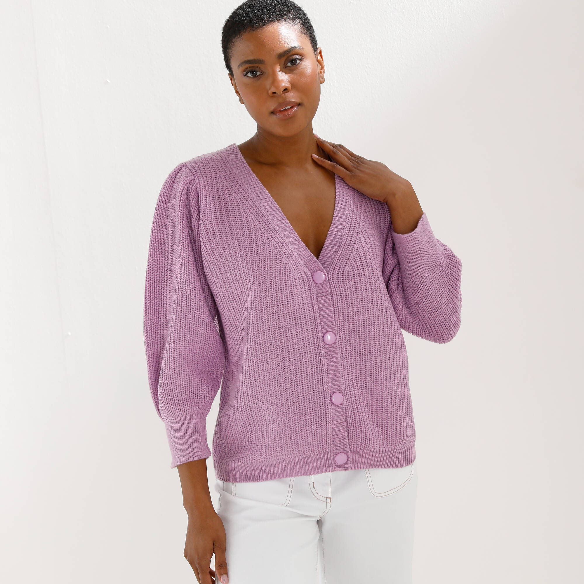 Gilet boutonné col V, maille anglaise - Blancheporte