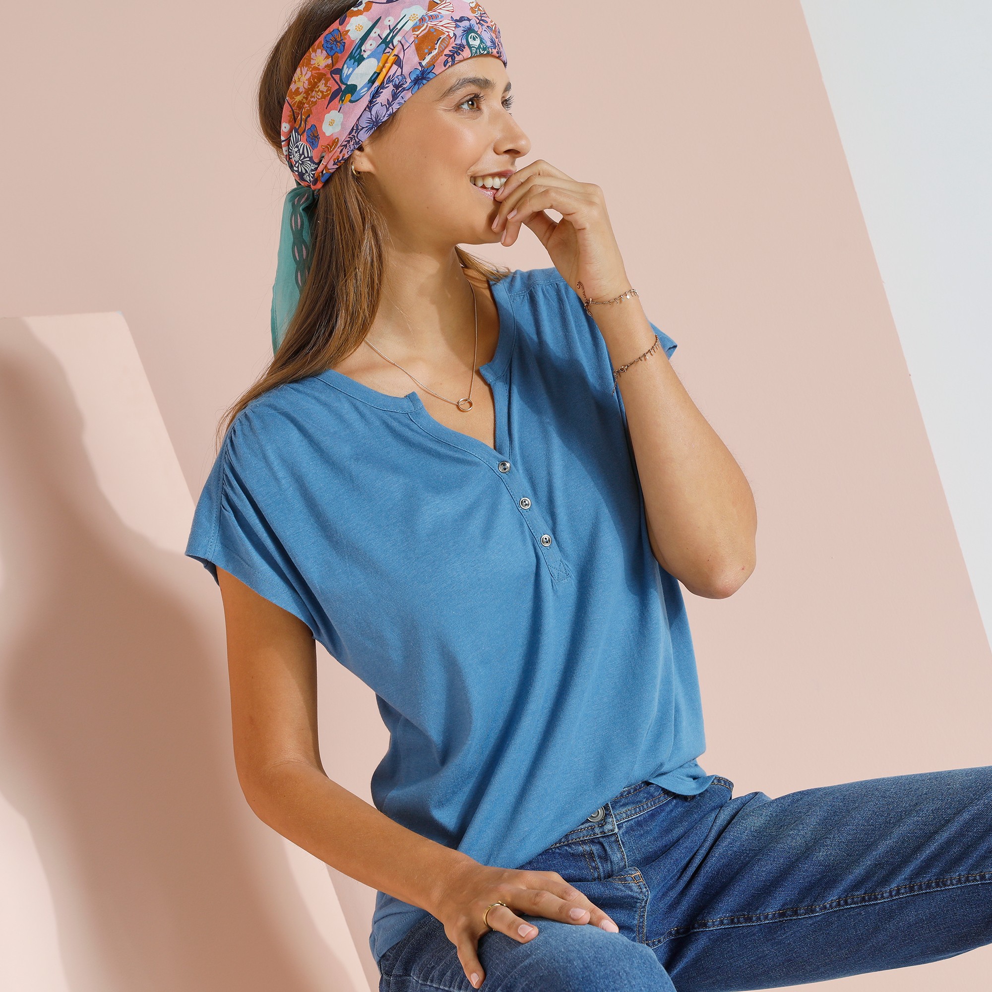 Tee-shirt Col Tunisien Manches Courtes, Uni - Blancheporte