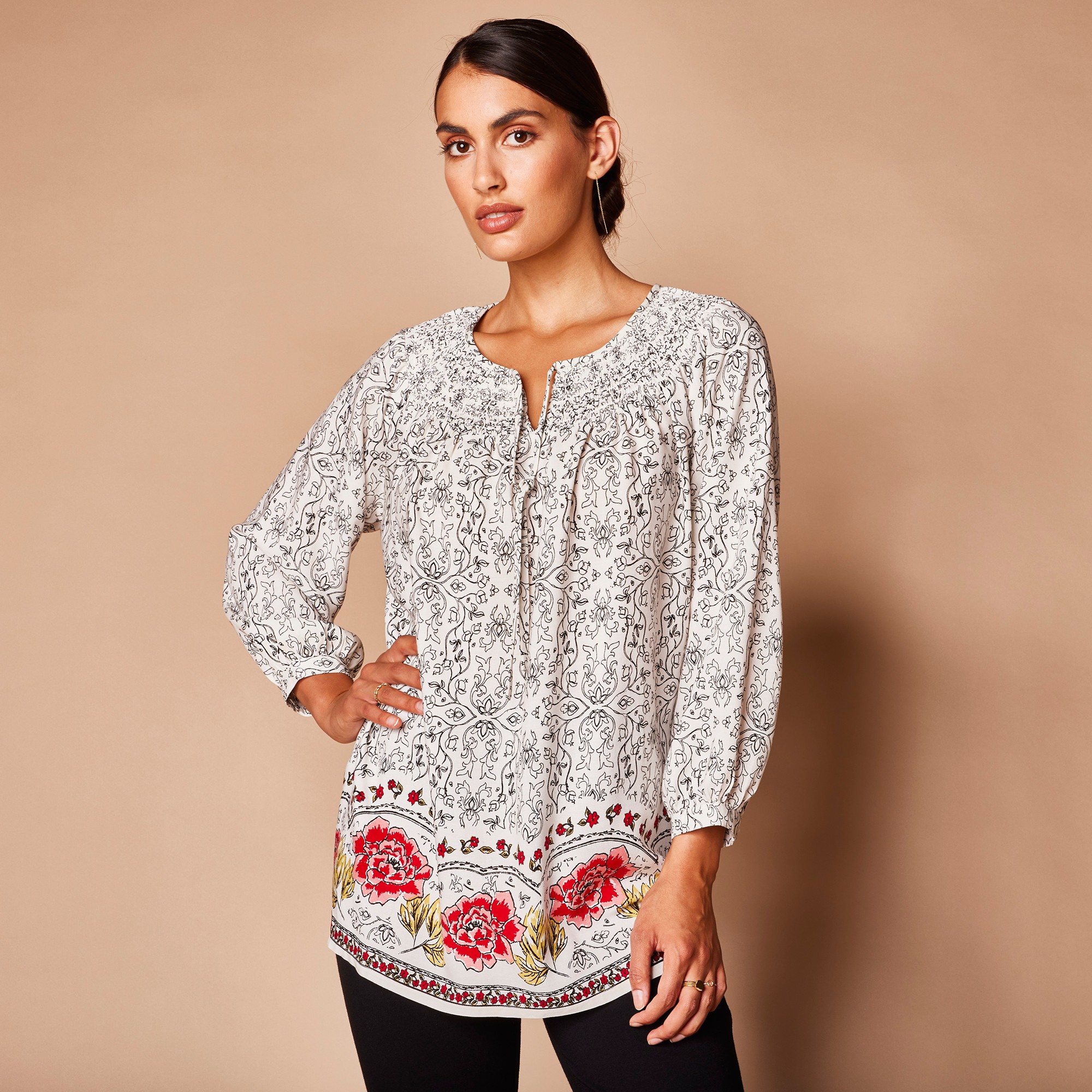 Tunique smockée imprimé base - 54 - Écru - Lora Zellini