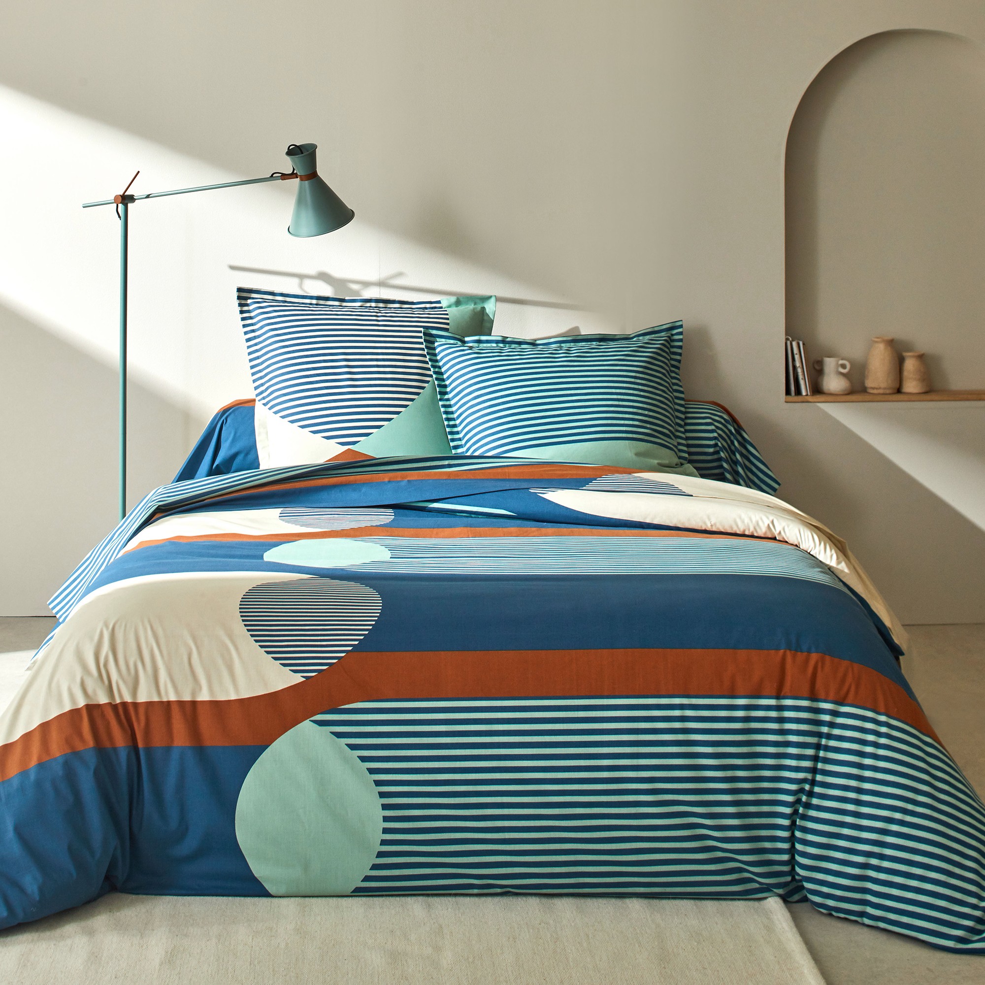 Linge de lit Nico en coton imprimé rayures style graphique - Taie D'oreiller Volant Plat : 65x65cm -