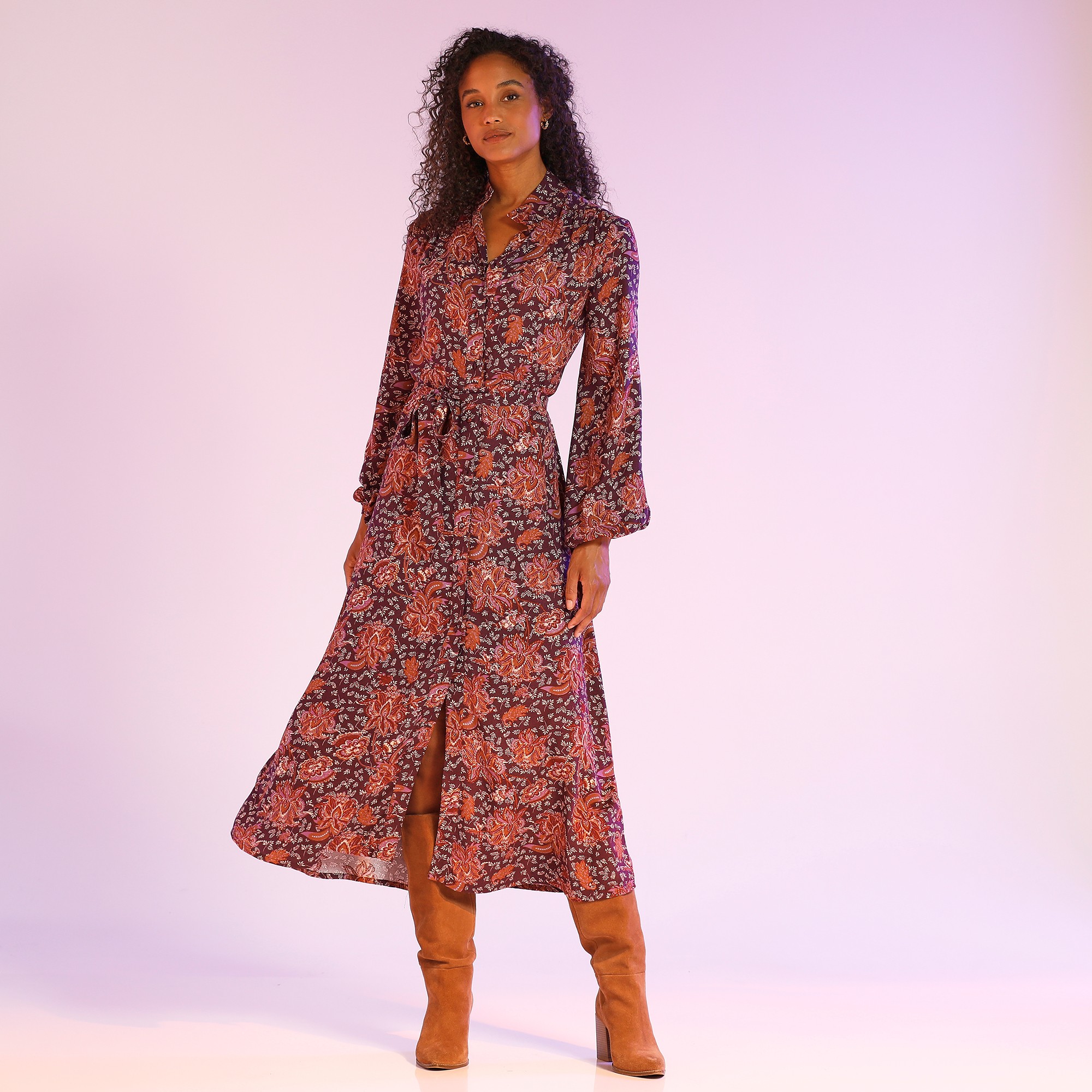 Robe longue boutonnee evasee manches longues prune rouge Blancheporte