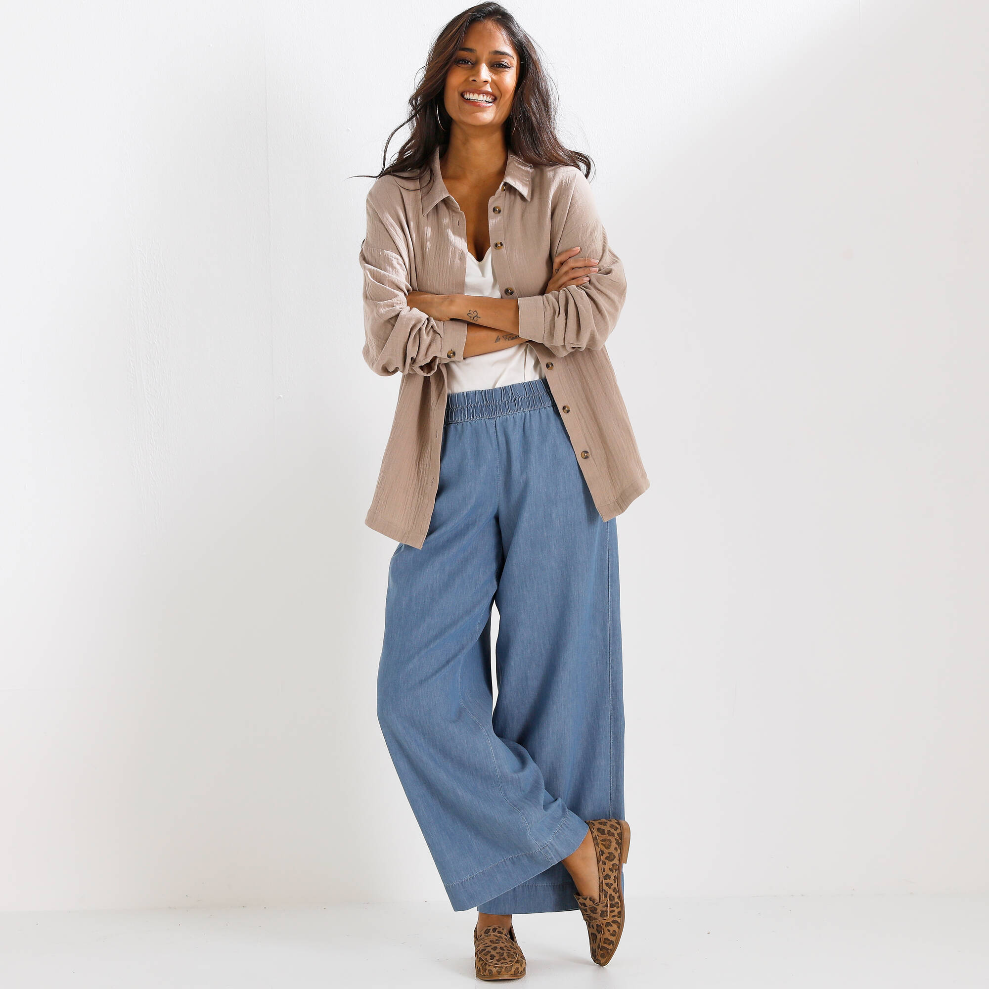 Pantalon large en jean lger taille lastique - Blancheporte 33$