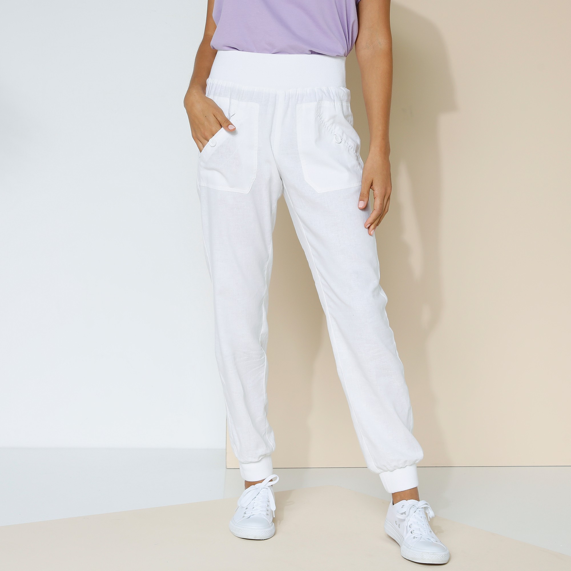 Pantalon blousant taille elastiquee lin coton