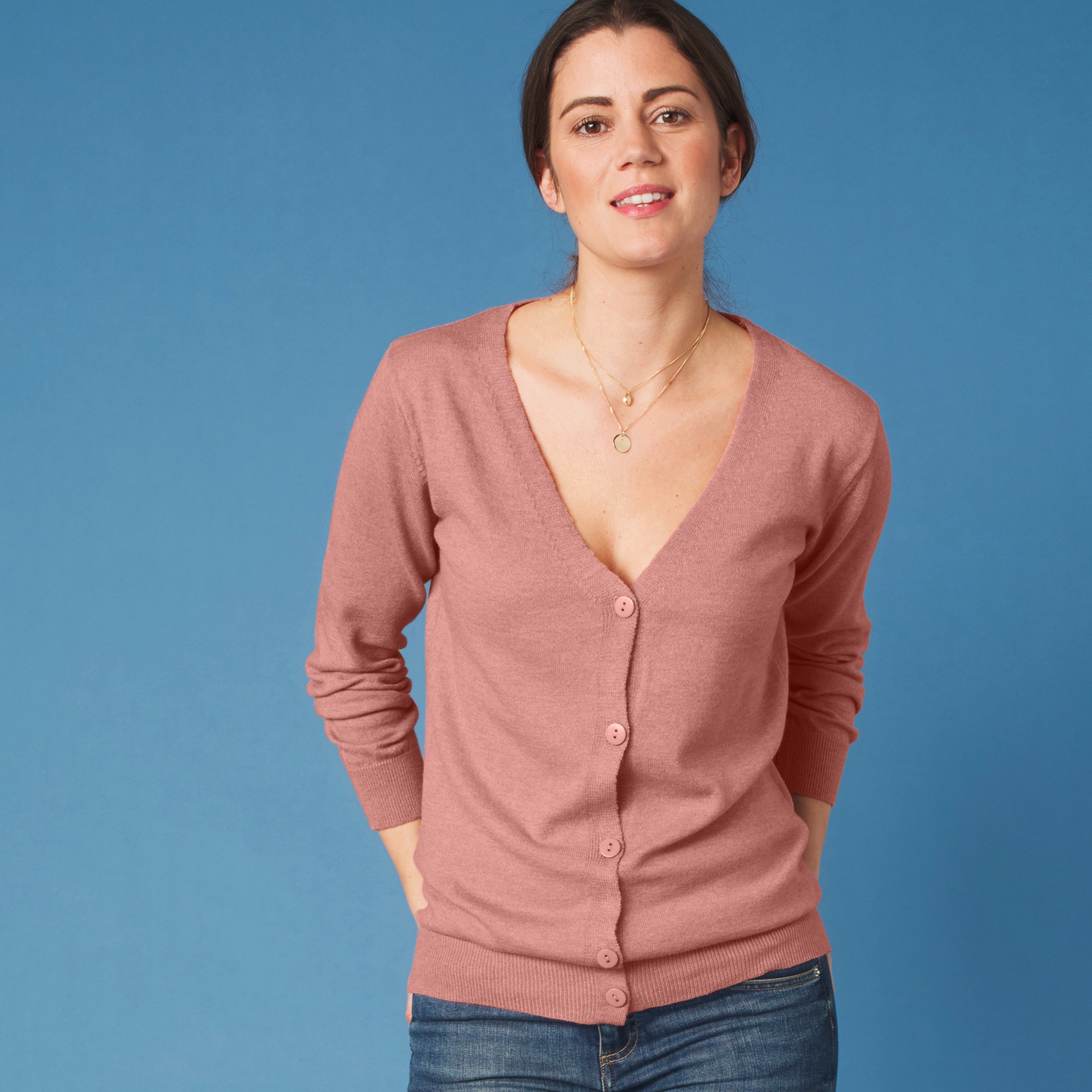 Gilet boutonné col V, laine d'agneau - 52 - Rose - Colors&co