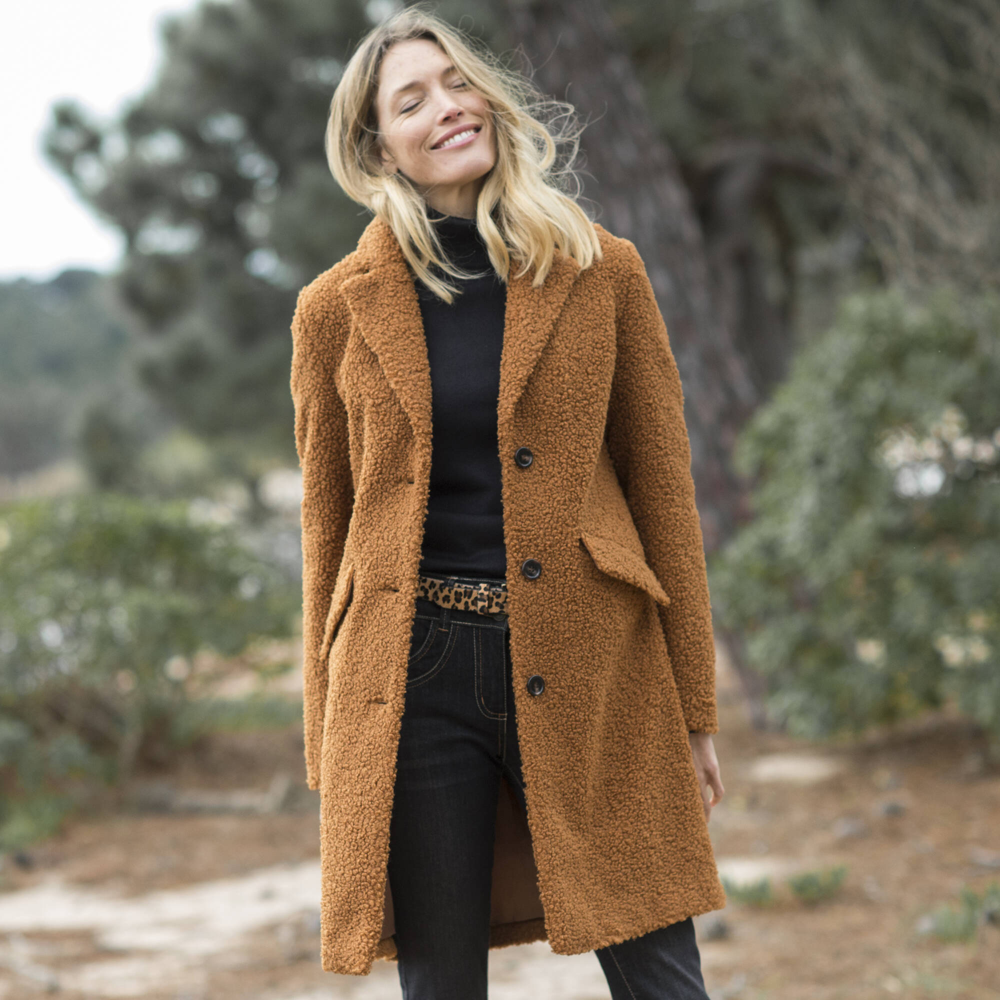 Manteau maille bouclette col tailleur caramel Blancheporte