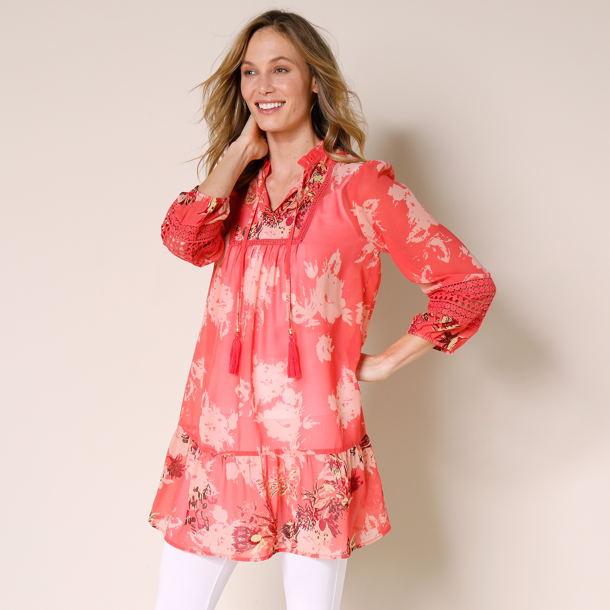 Tunique imprimée volantée manches 3/4 - 48 - Orange - Lora Zellini