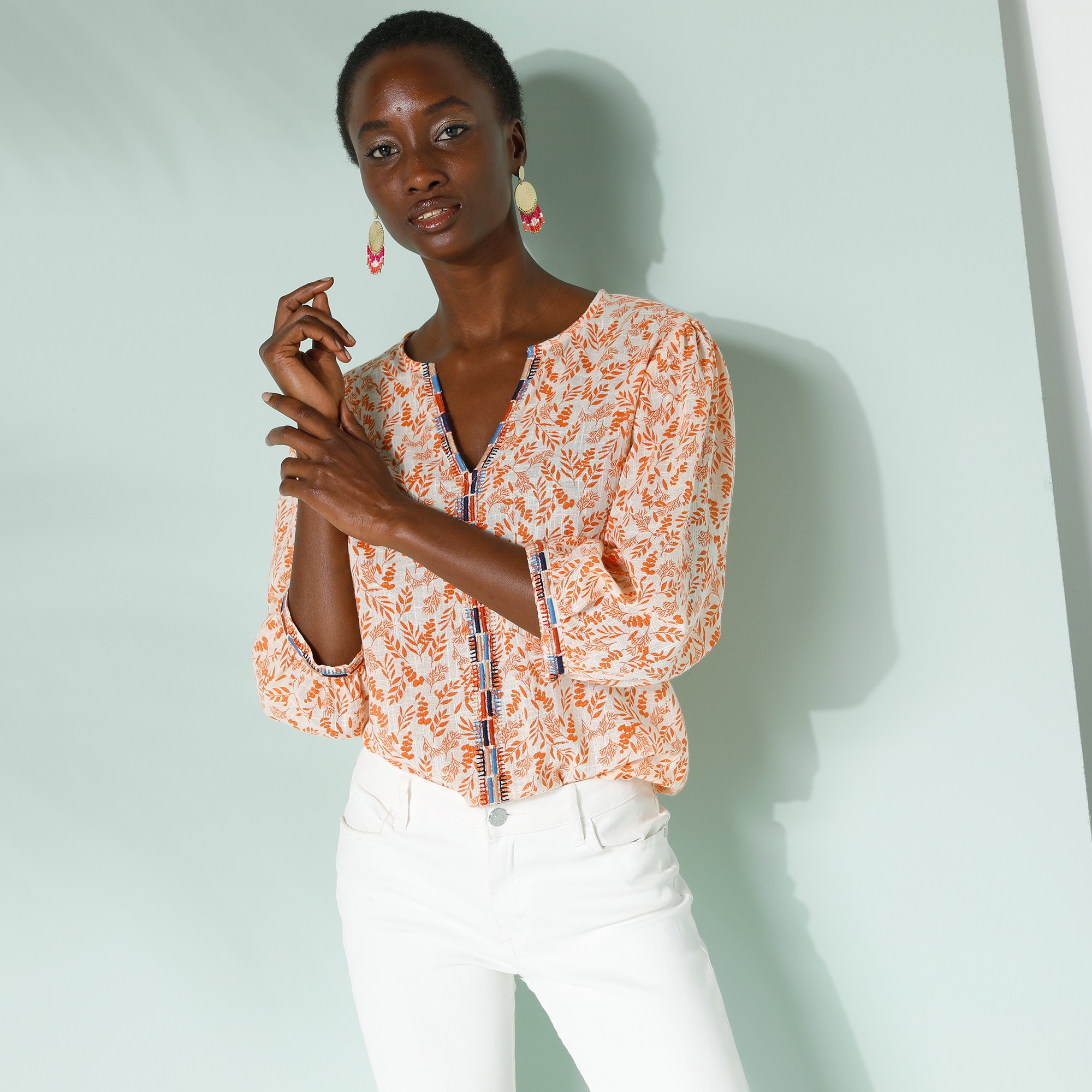 Blouse Brodée En Coton Imprimée, Manches 3/4 - Blancheporte