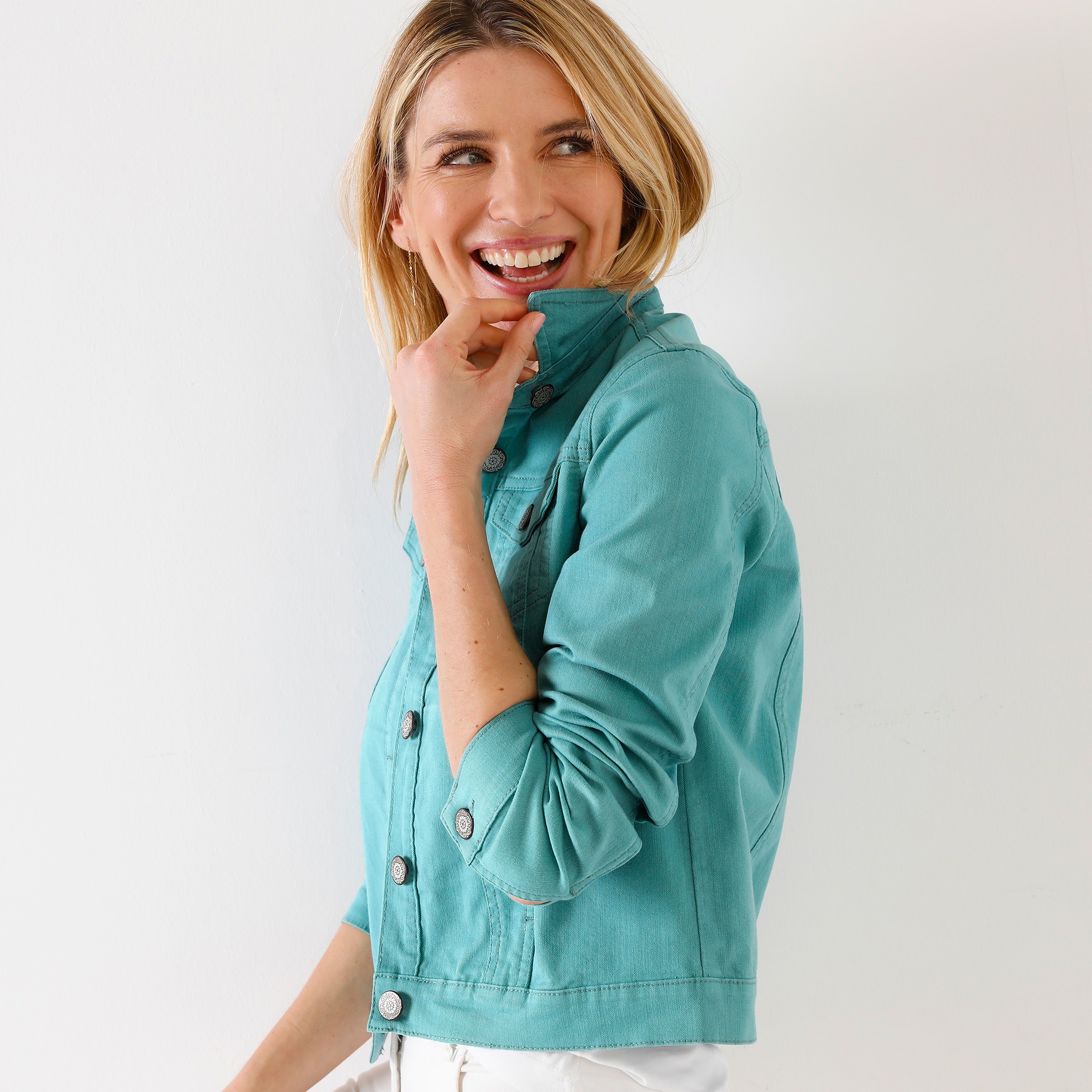 Veste boutonnee jean turquoise grise Blancheporte