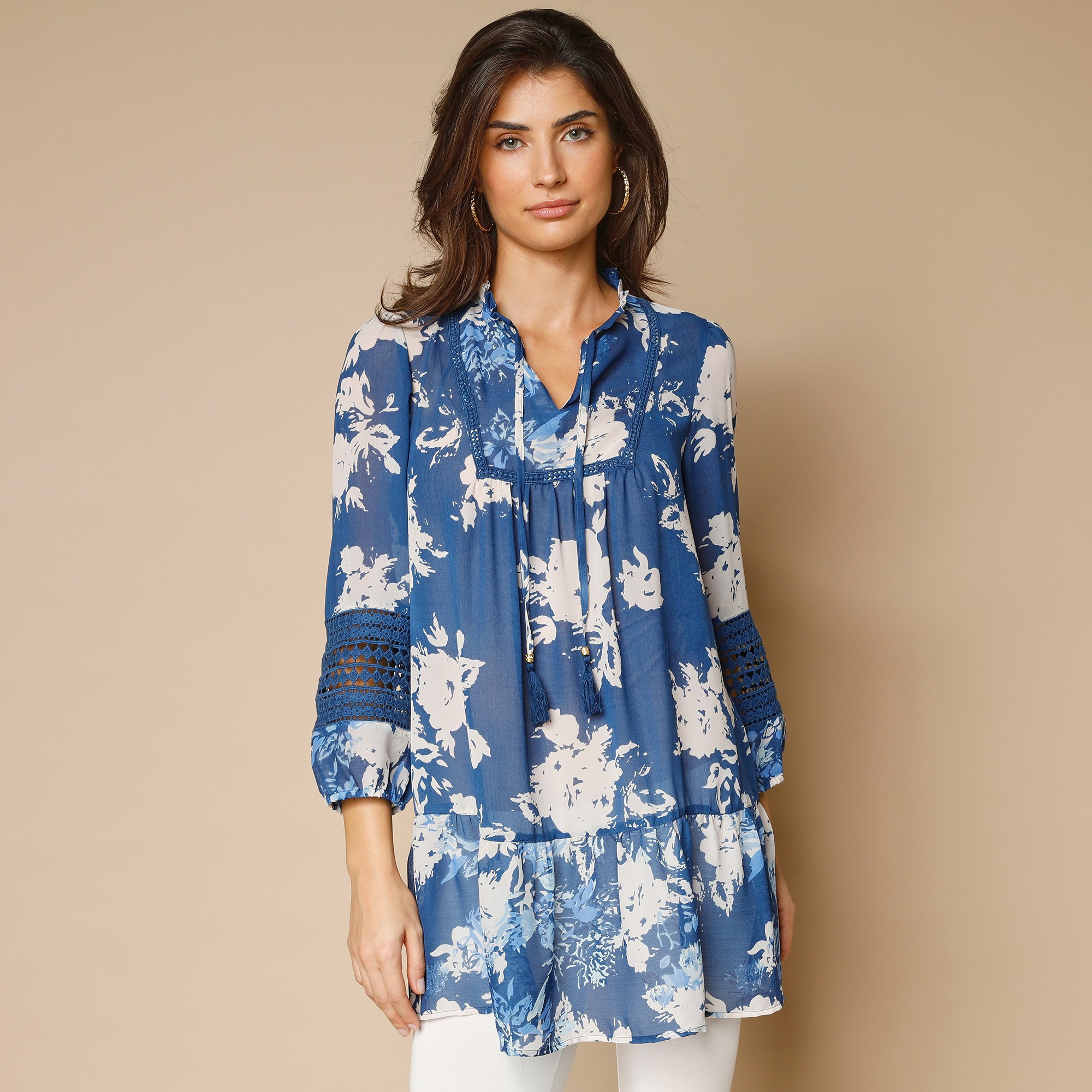 Tunique imprimée volantée manches 3/4 - 50 - Bleu - Lora Zellini