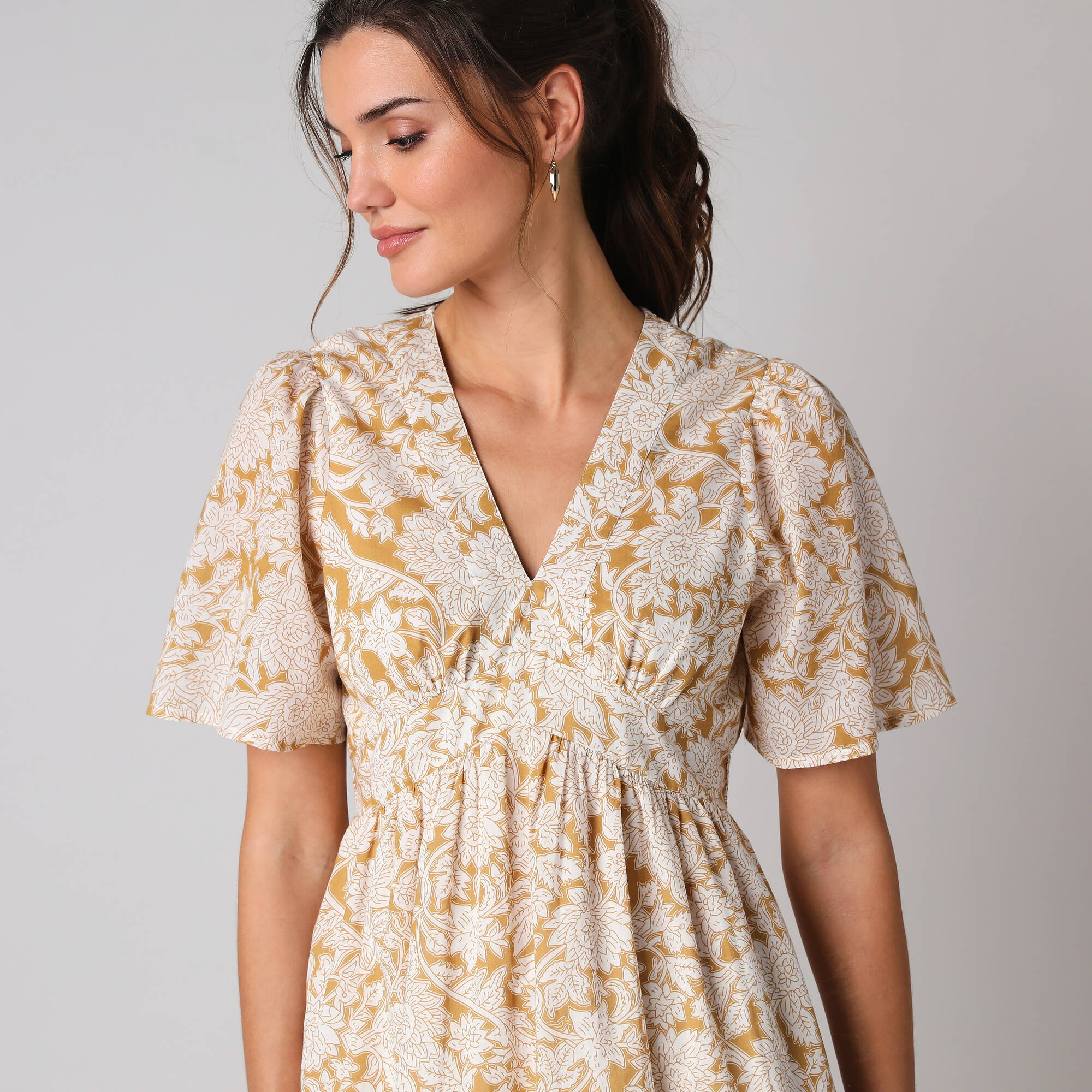 Robe courte en coton col V, imprimé bohème - Blancheporte