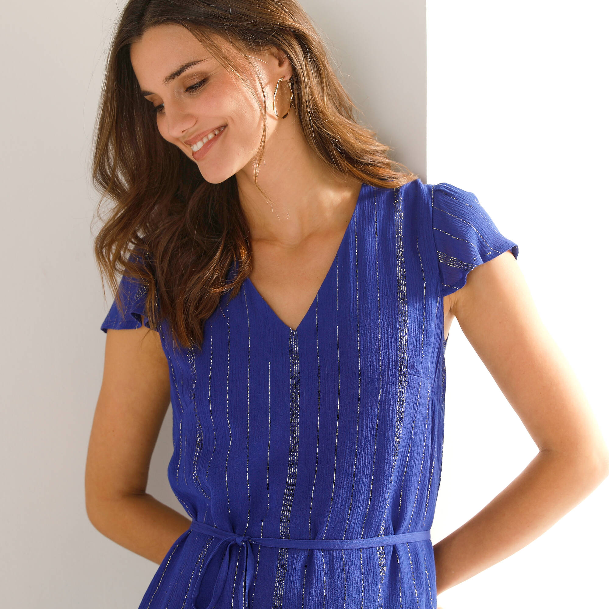 Robe longue en crépon, fils brillants - Blancheporte
