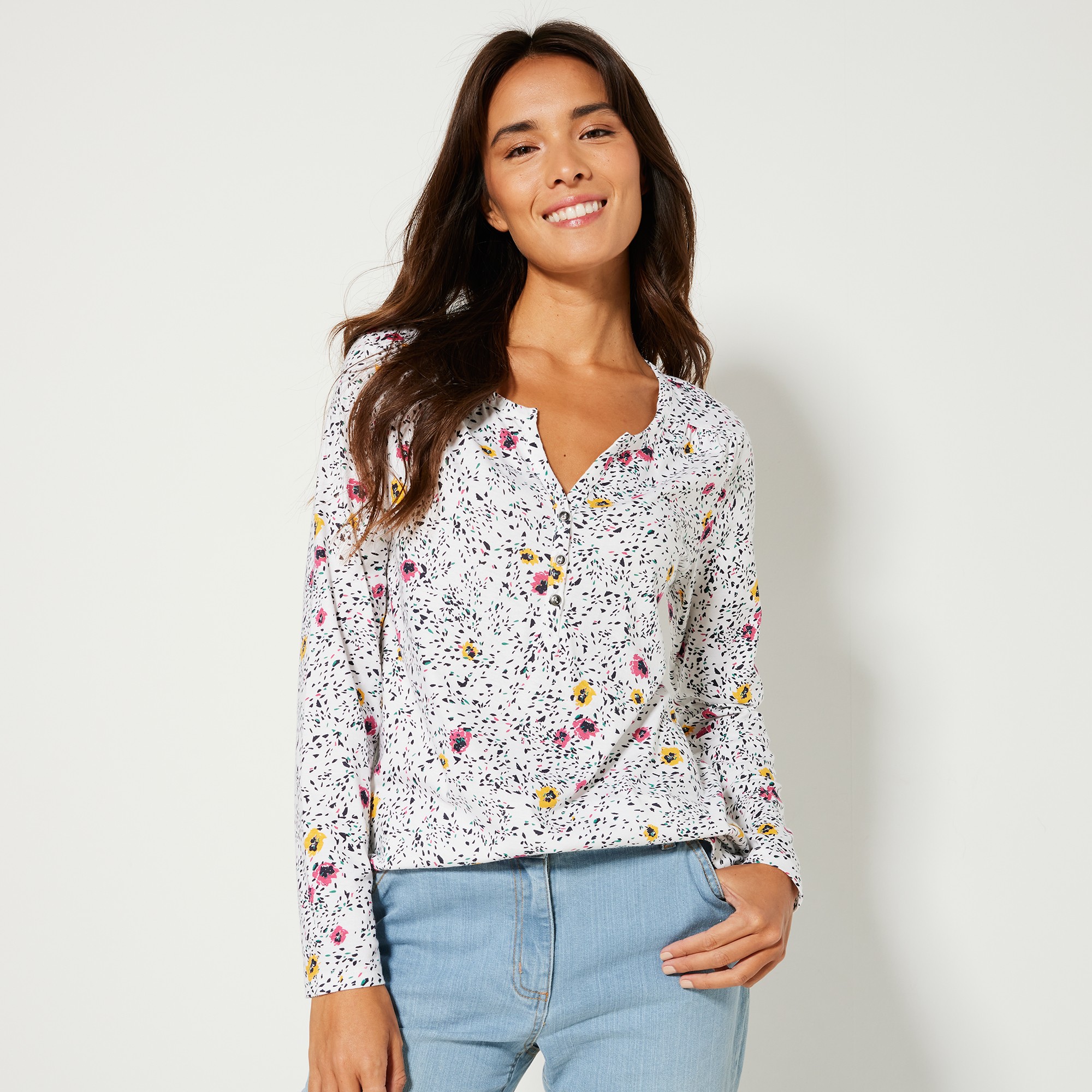 Tee-shirt Col Tunisien Manches Longues, Imprimé - Blancheporte