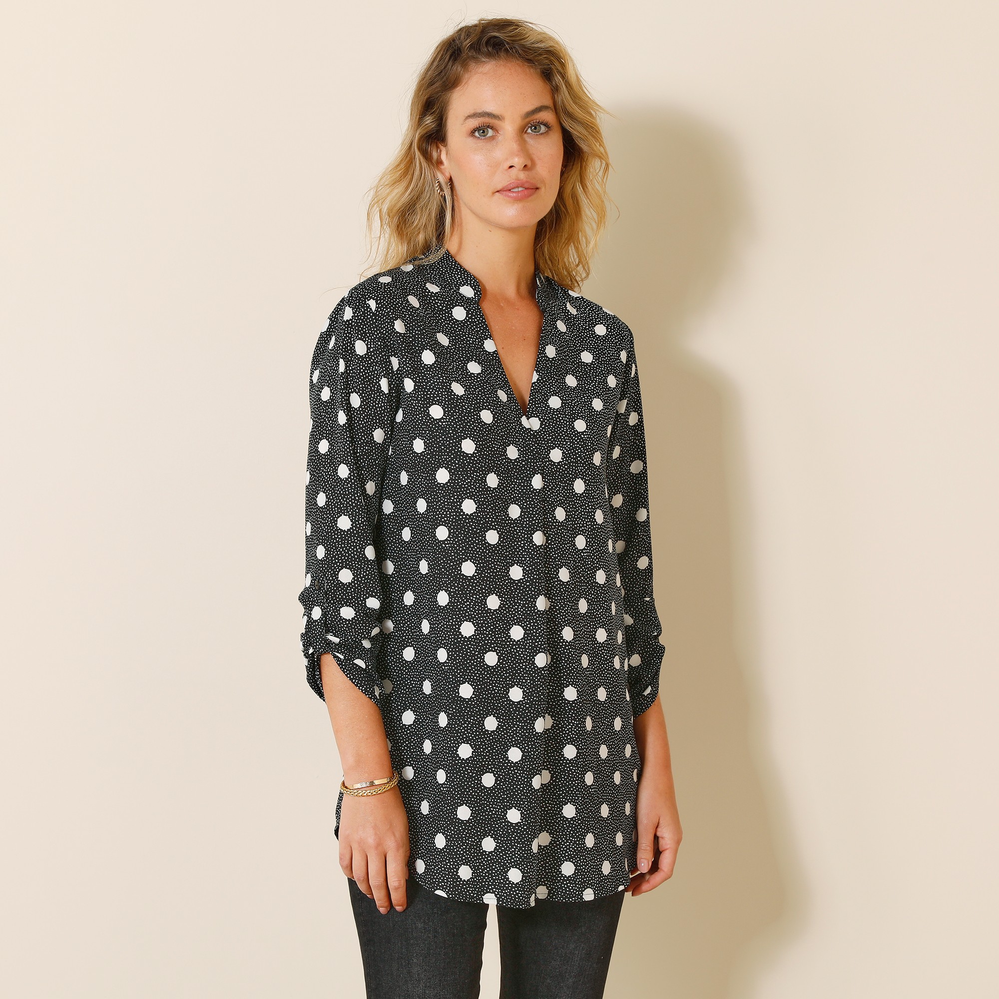 Blouse Col Tunisien Imprimé Pois, Crêpe - Blancheporte