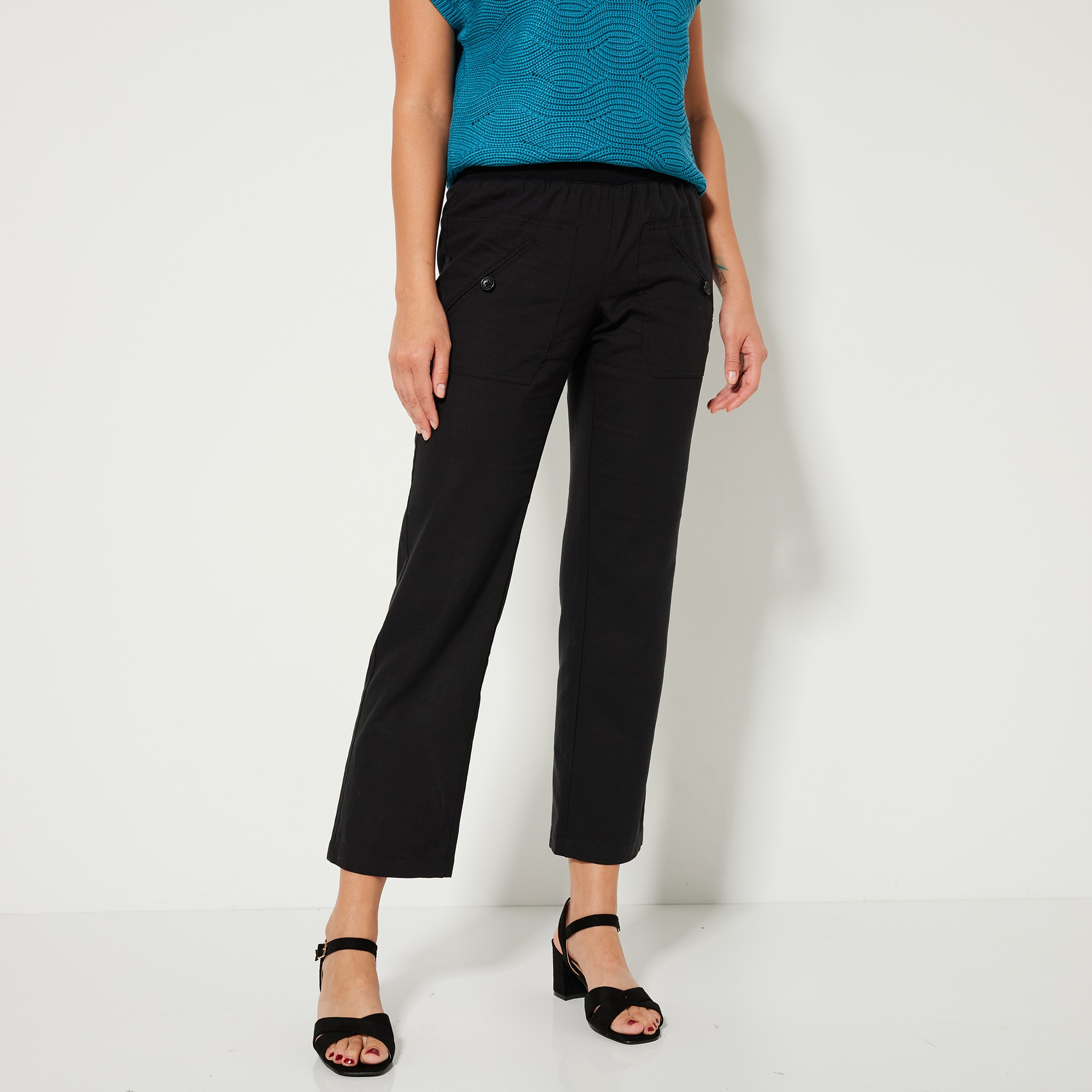 Pantalon Coupe Droite 7/8ème Taille Élastiquée, Lin Coton - Blancheporte