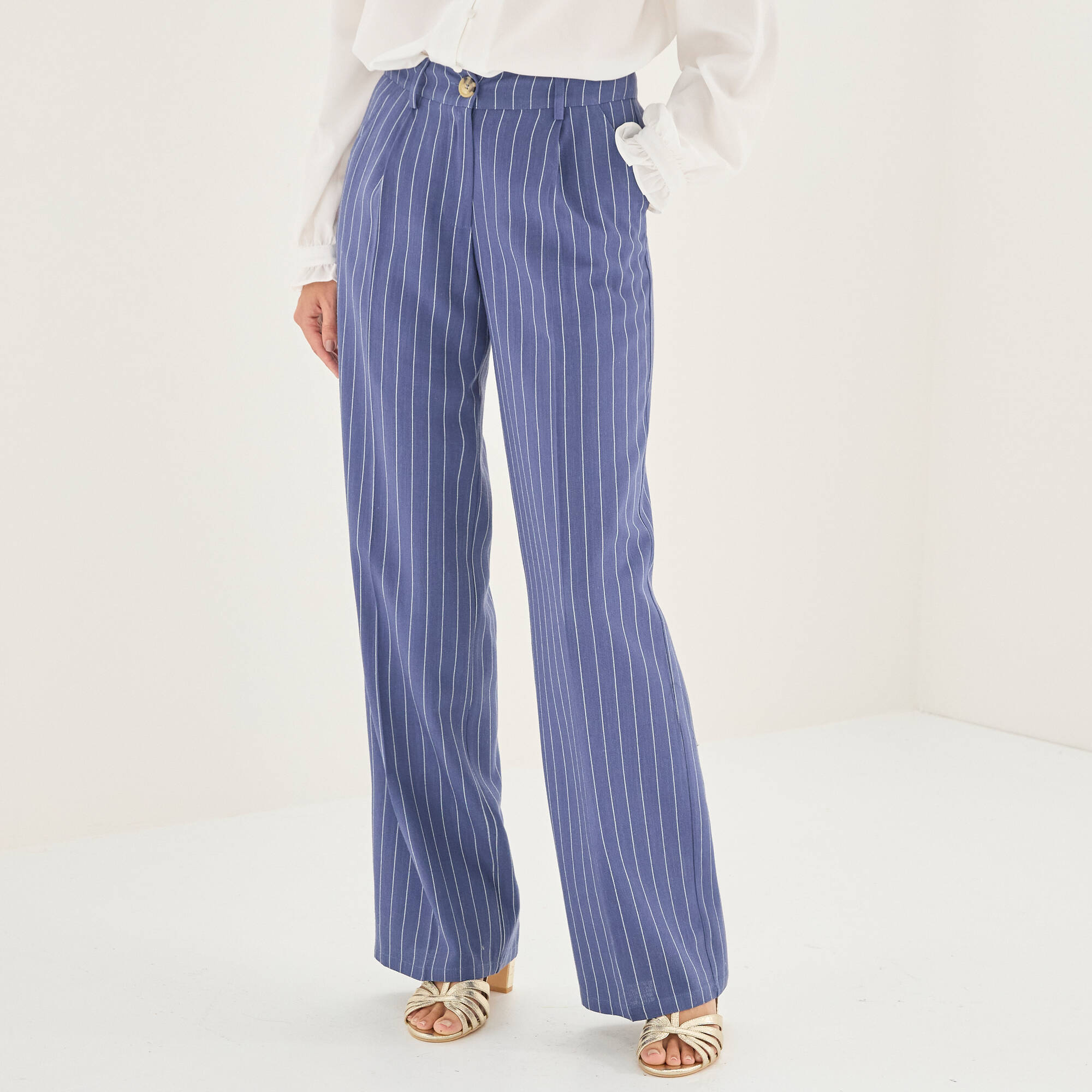 Pantalon large fluide rayé, viscose-lin - Blancheporte