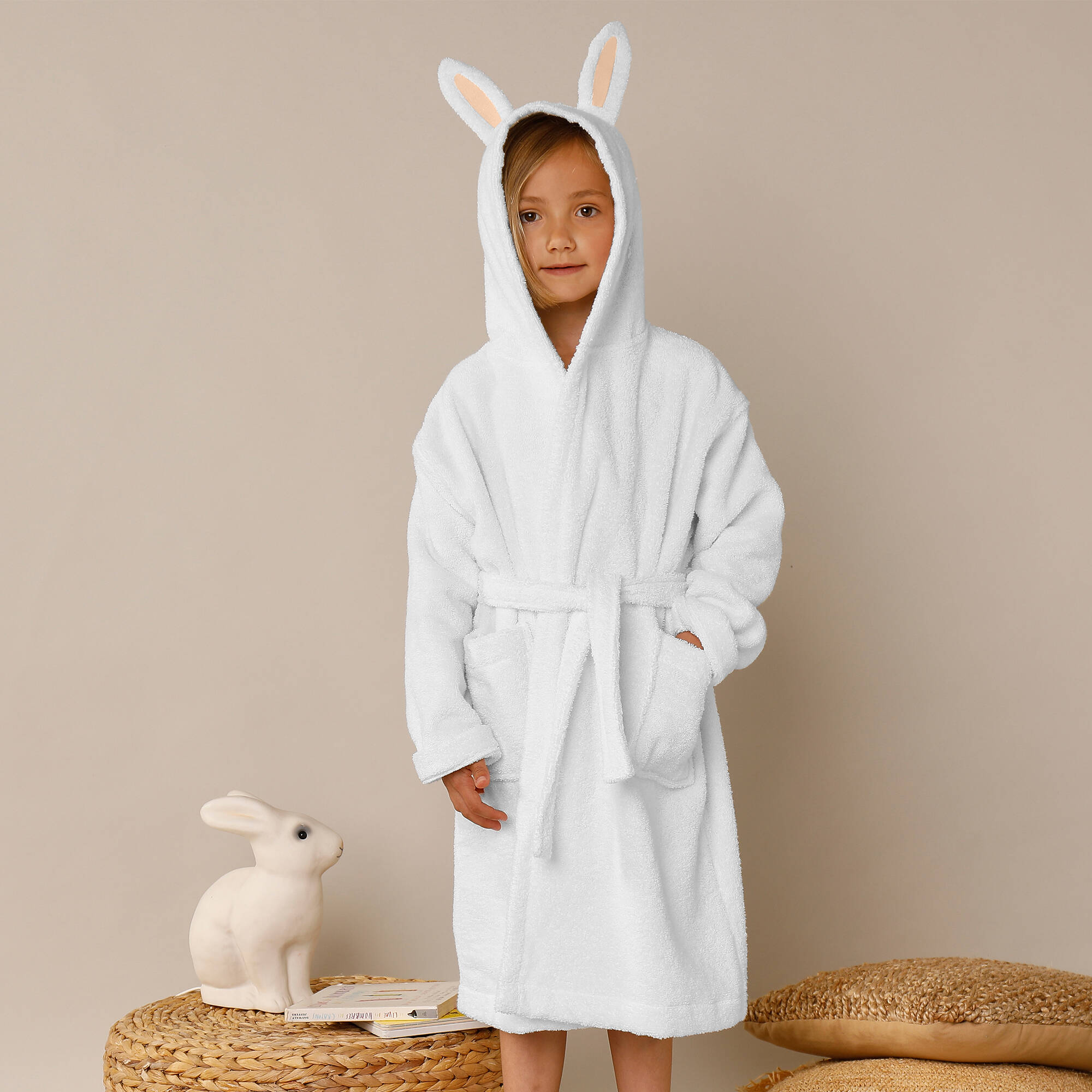 Peignoir de bain enfant lapin à capuche éponge coton 340 g/m²
