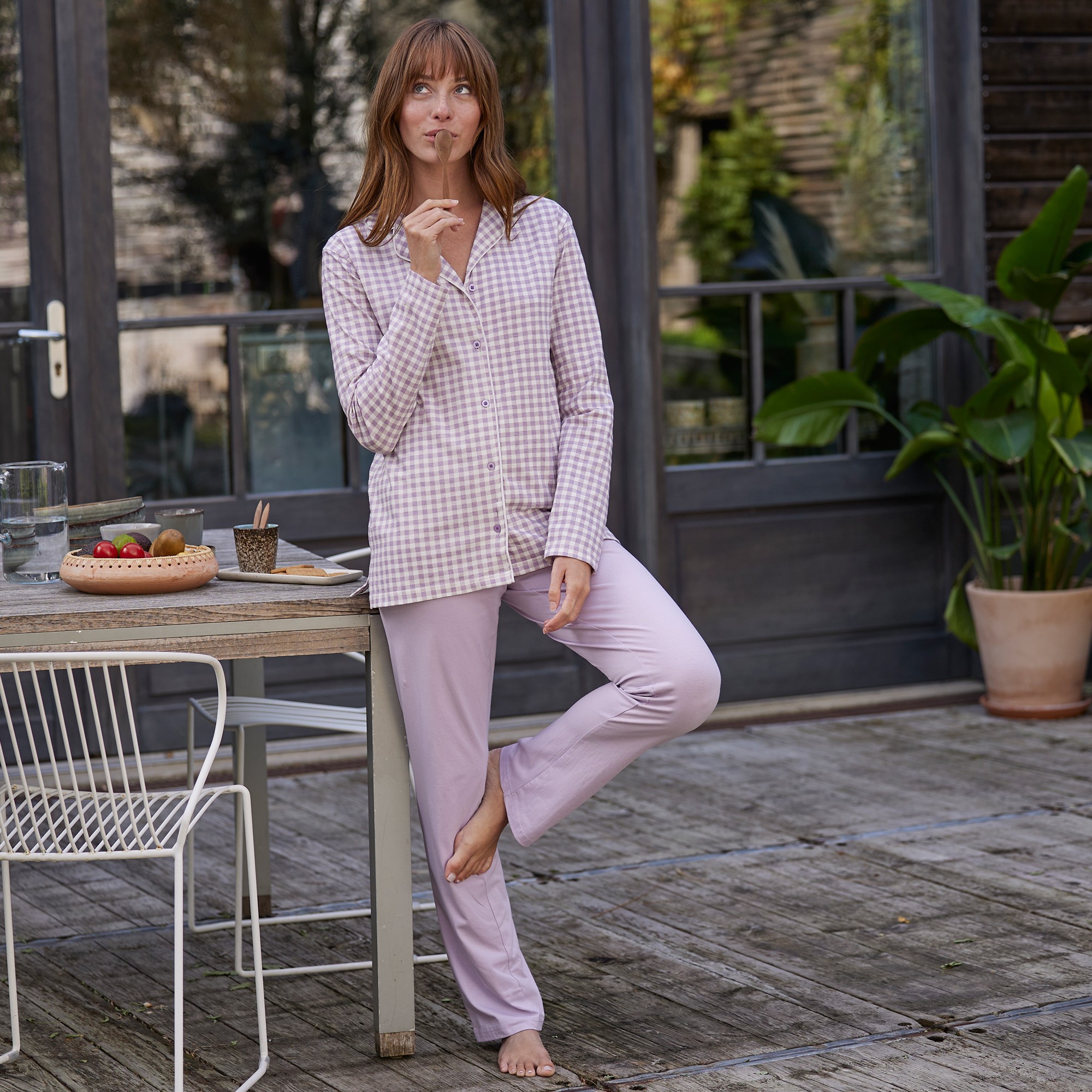 Pyjama Imprimé Carreaux - Col Tailleur - Blancheporte