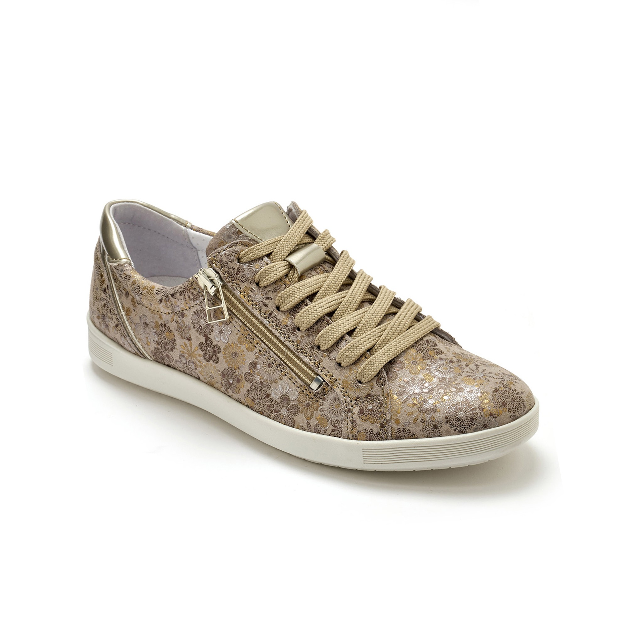 Baskets Cuir Imprimée Beige - Grande Largeur - PédiConfort