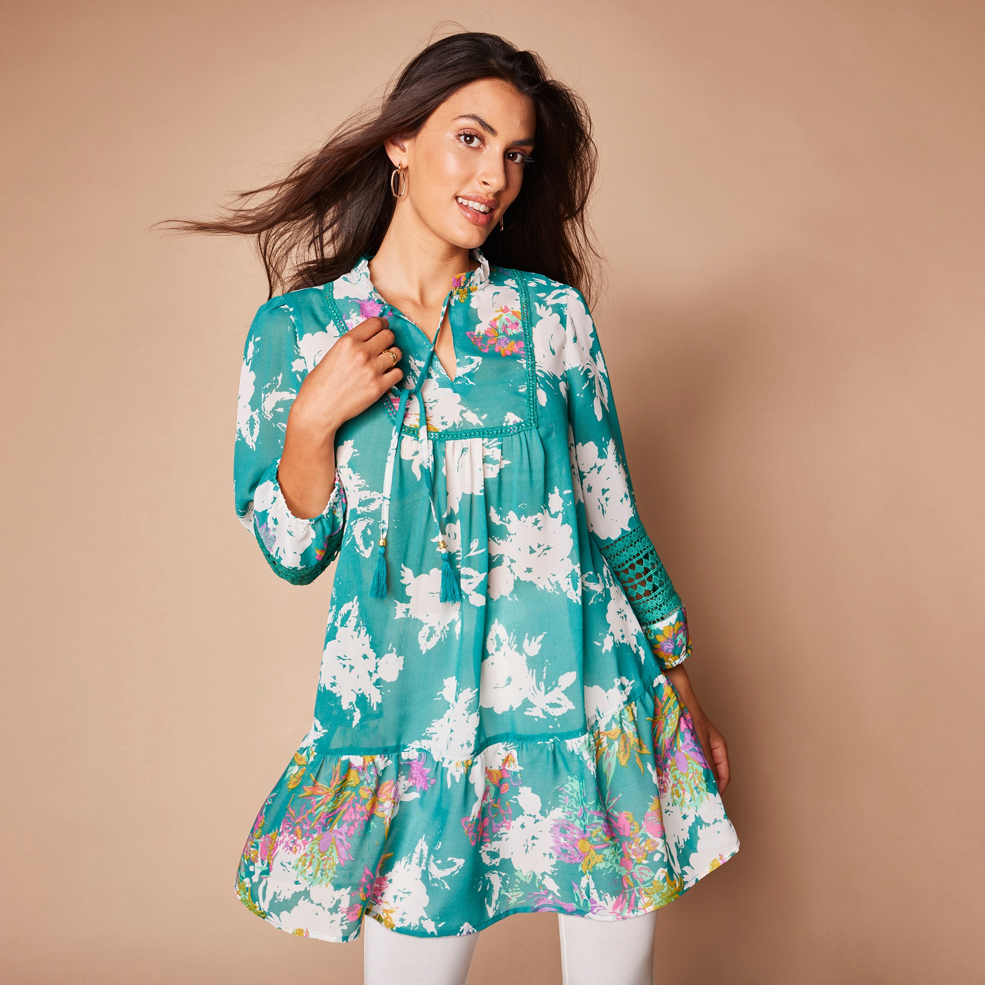 Tunique imprimée volantée manches 3/4 - 56 - Vert - Lora Zellini