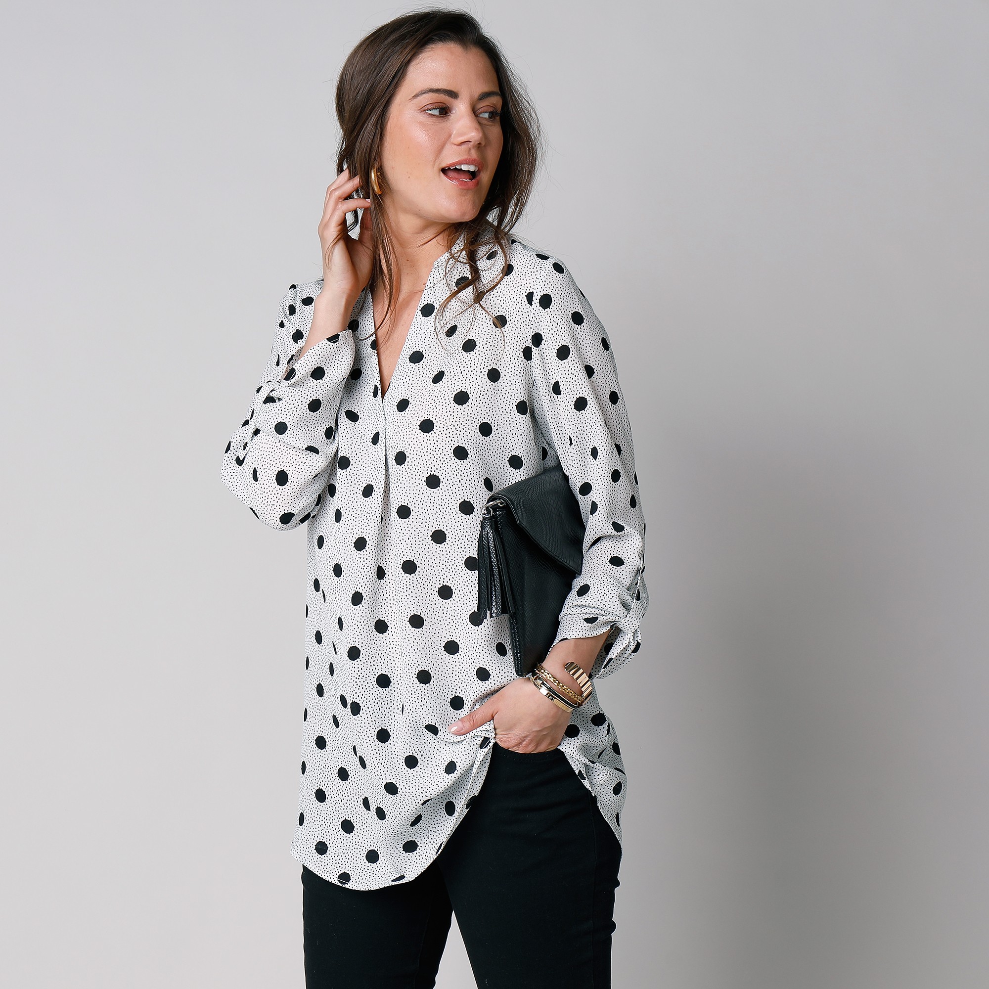 Blouse Col Tunisien Imprimé Pois, Crêpe - Blancheporte