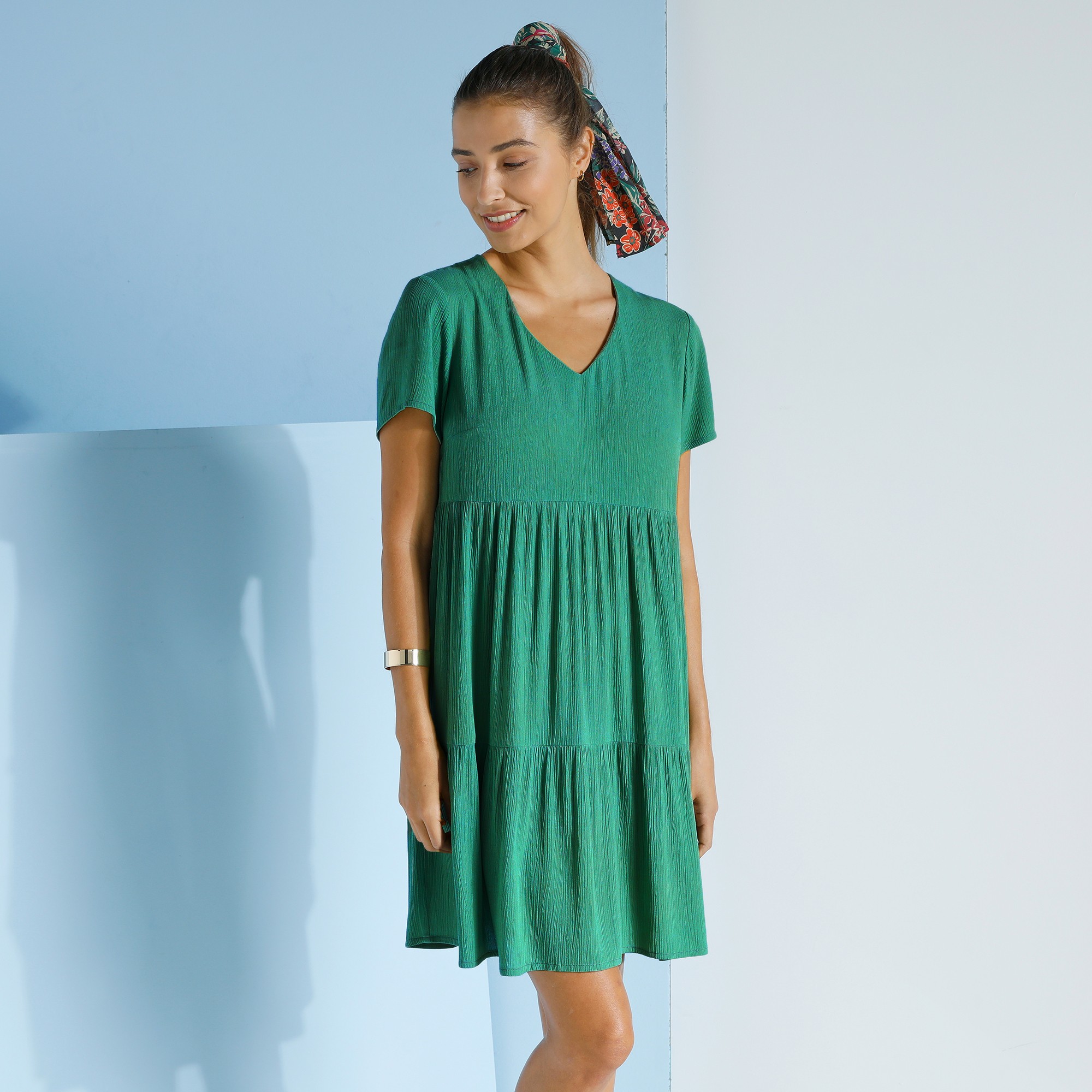 Robe Col V Courte Unie, Crépon - Blancheporte