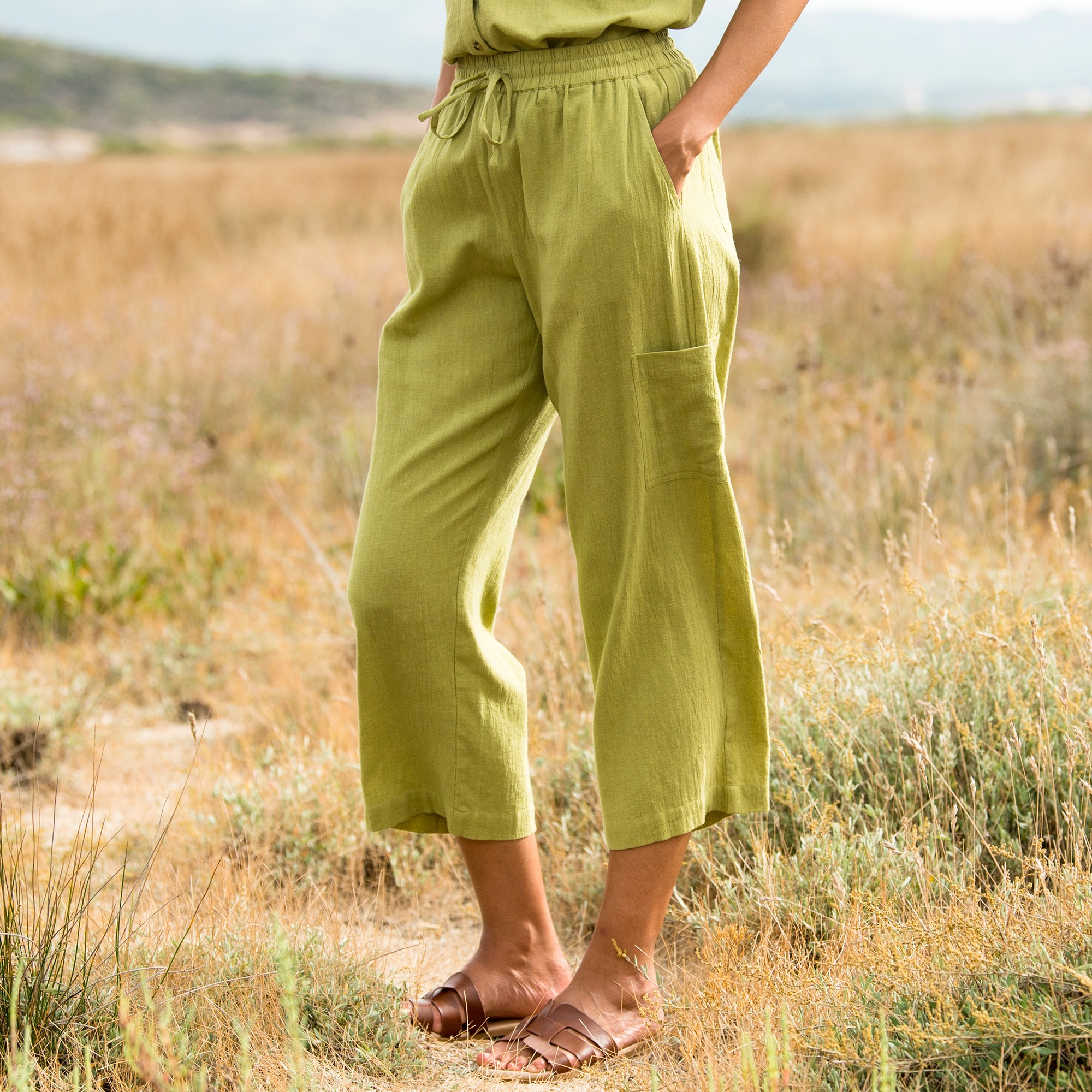 Pantalon Lin Coton Confort Pantacourt Femme été En Lin Et Coton - Taille Haute élastique 7/8 - Style Fluide Et Confortable Pantalon 7/8 Femme