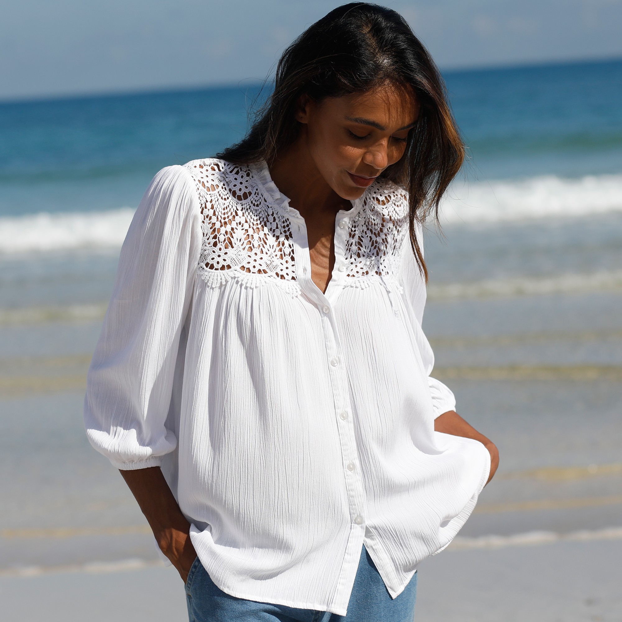 Chemisier Boutonné Macramé, Col Volanté - Blancheporte