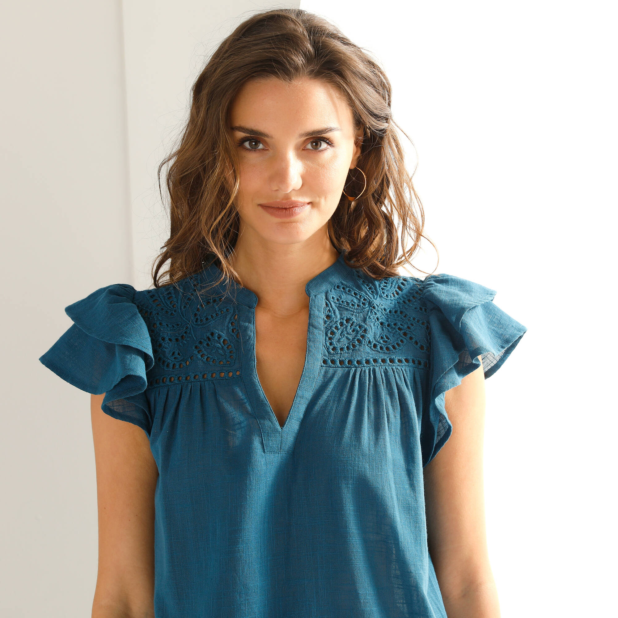 Robe courte, détails broderie anglaise - Blancheporte