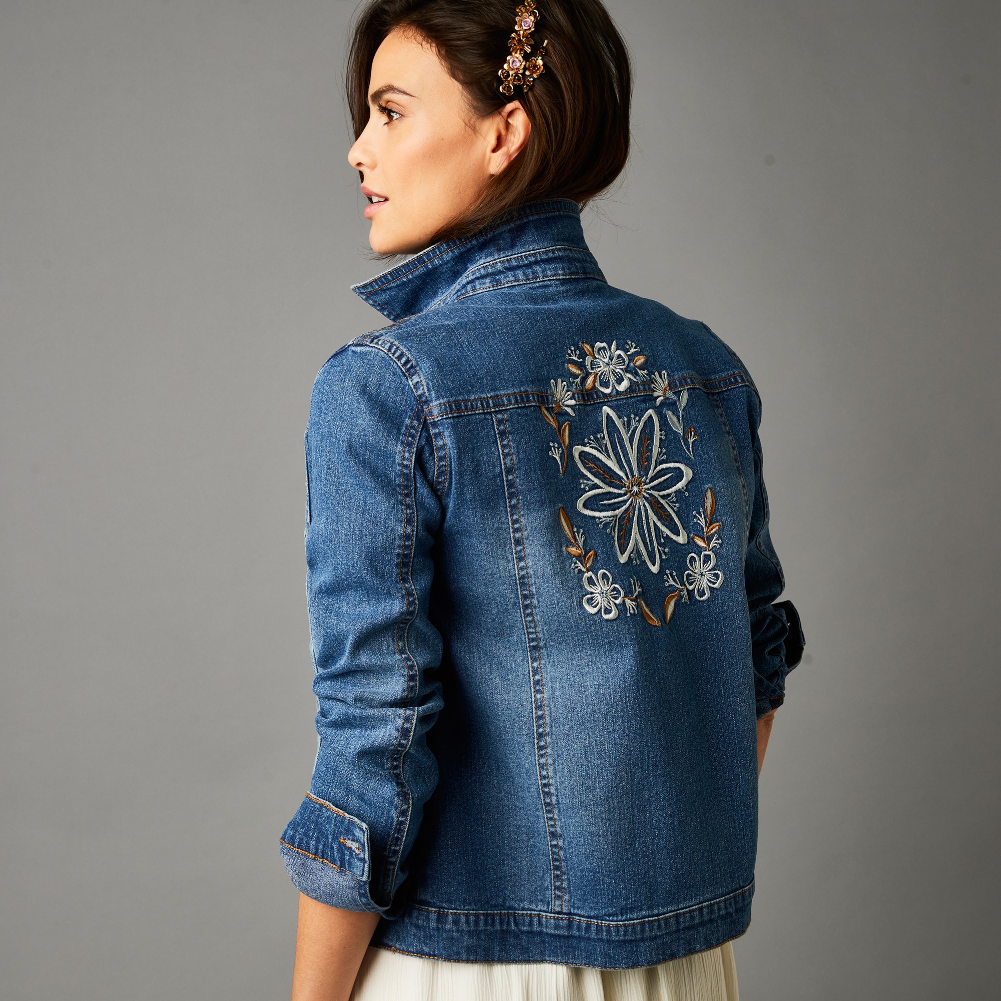 Veste Denim Broderie Florale Au Dos - Blancheporte