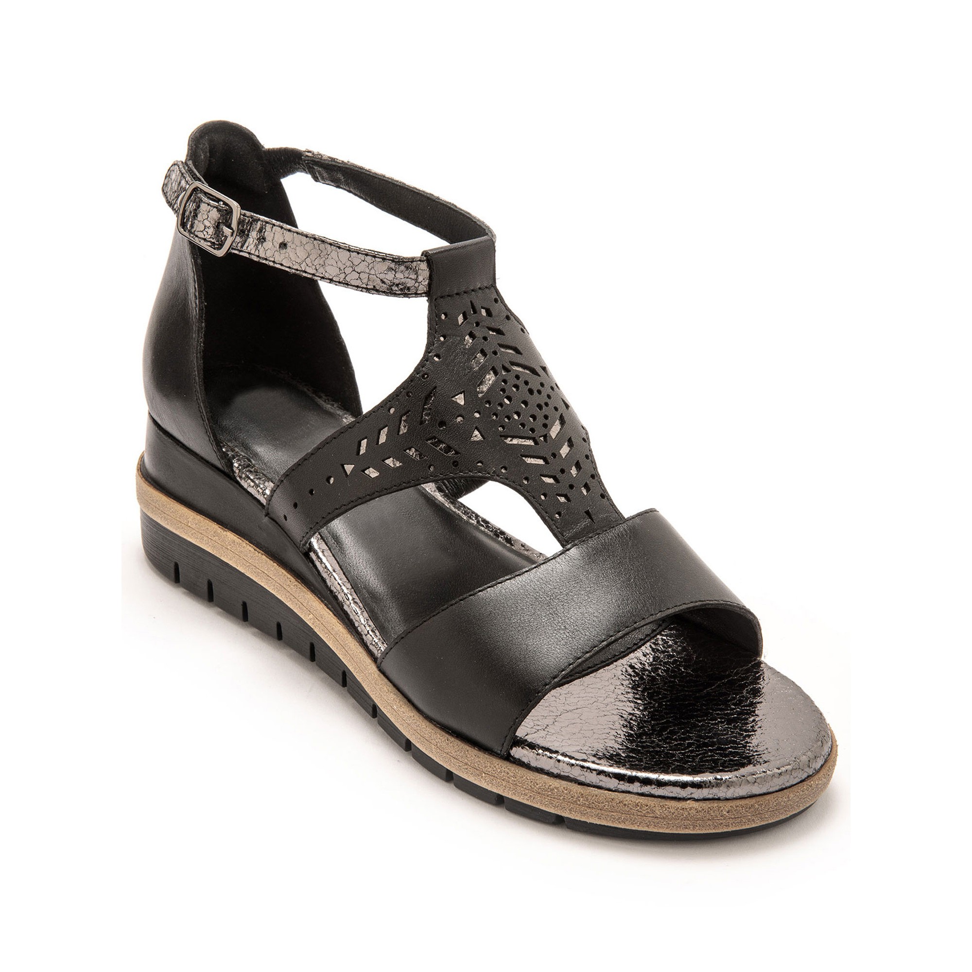 Sandales cuir ajouré pailleté largeur confort - 36 - Noir - Pédiconfort