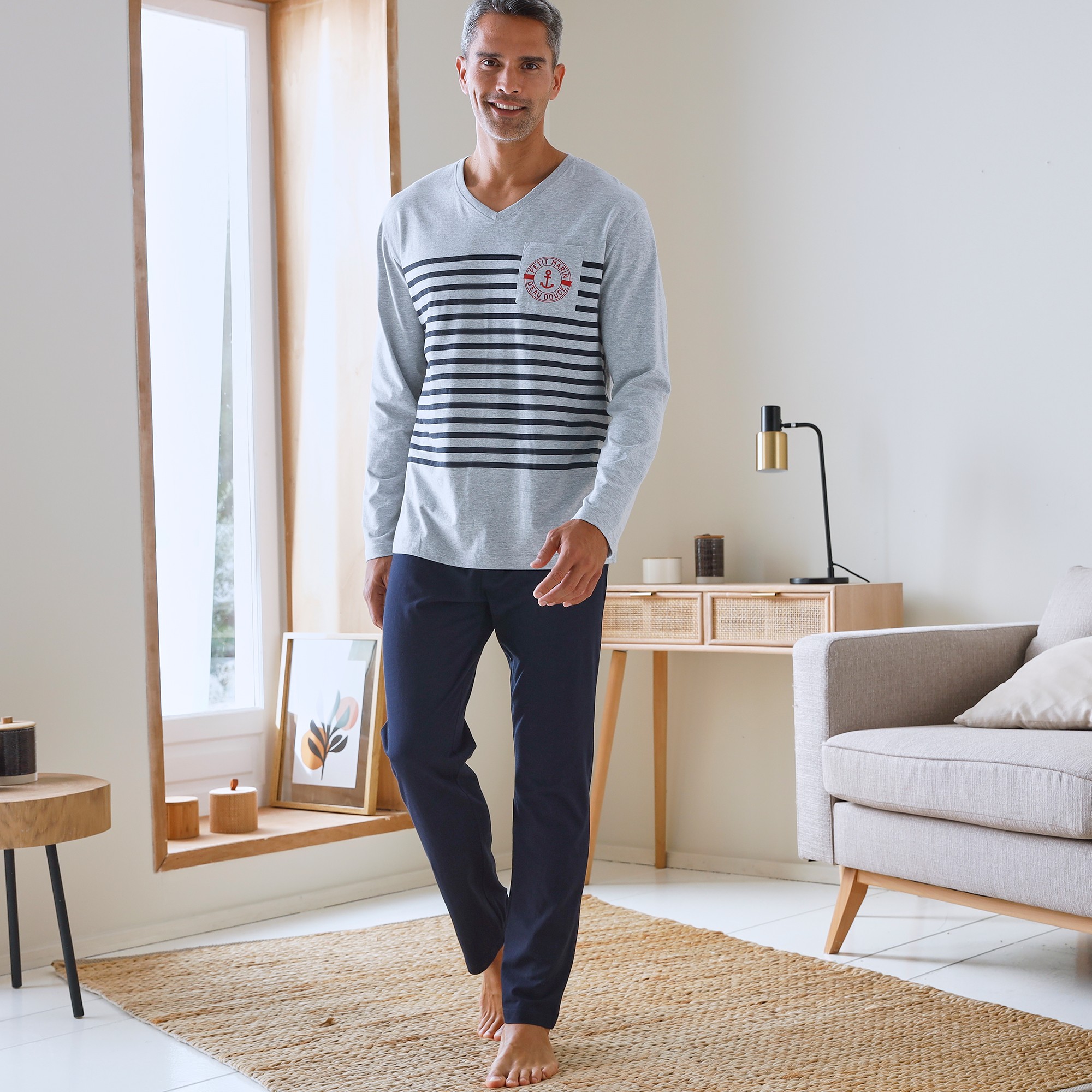 Pyjama col V ?� message, gris chin?� / marine | Blancheporte