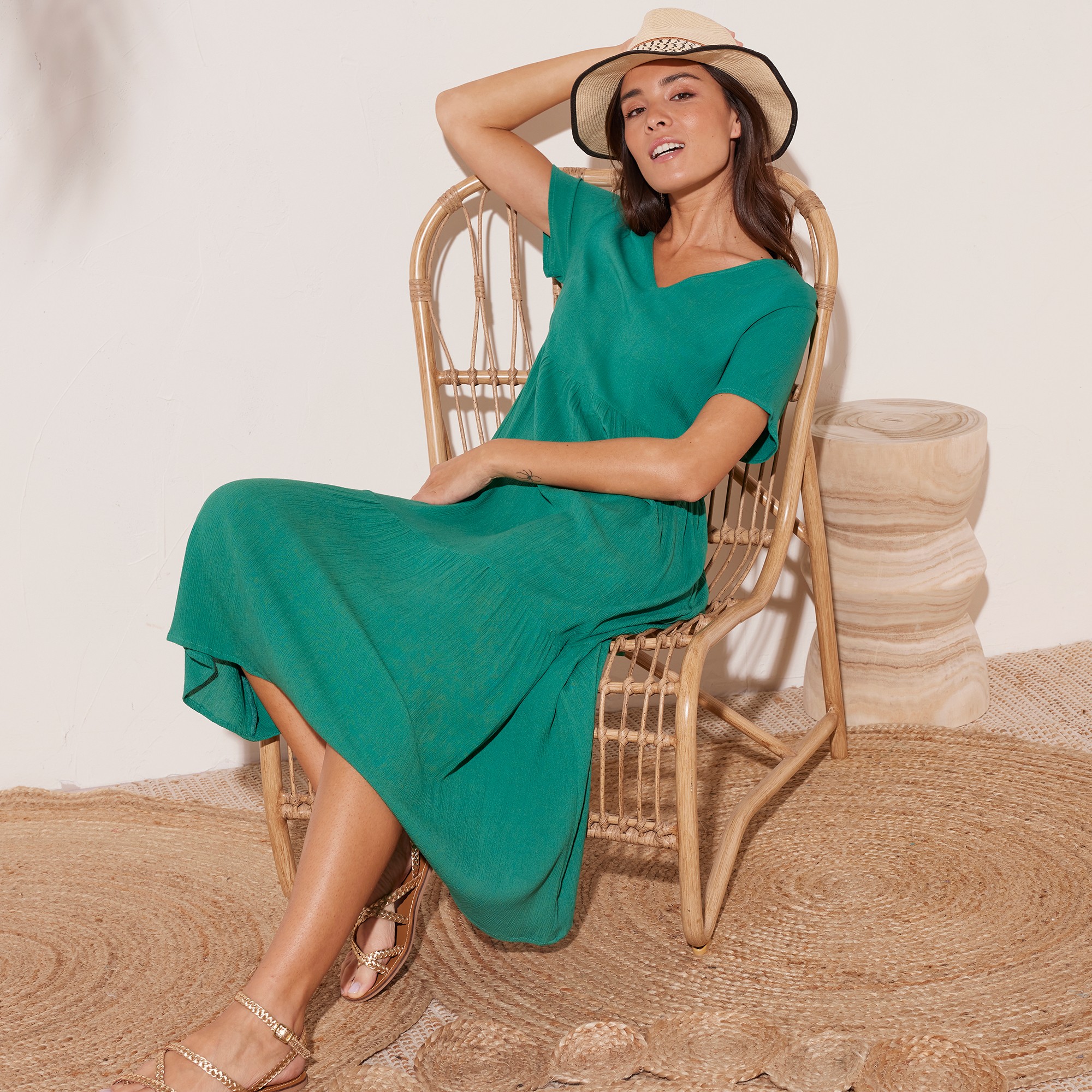 Robe Col V Longue Unie, Crépon - Blancheporte