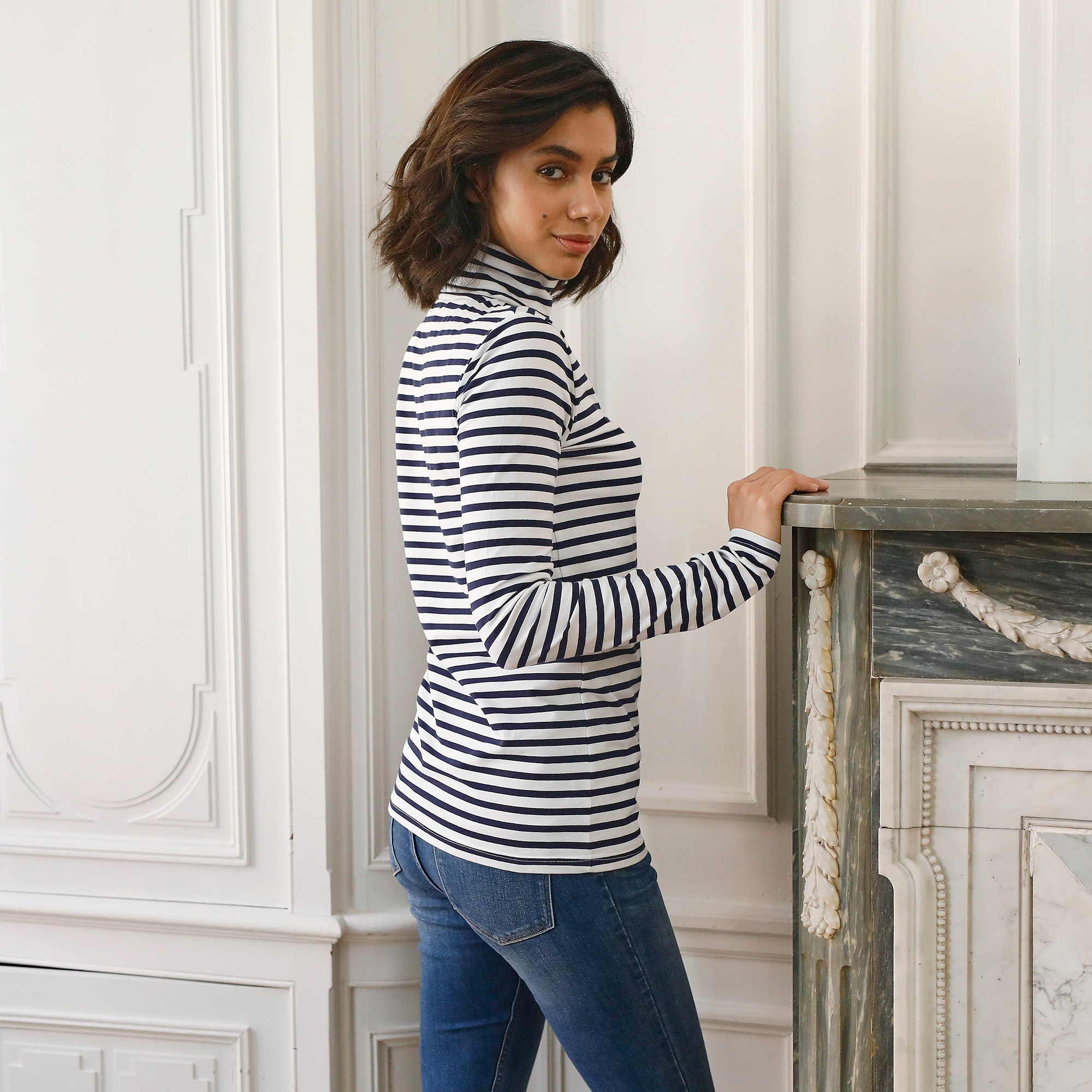 Sous pull col roul coton stretch ray cru marine Blancheporte