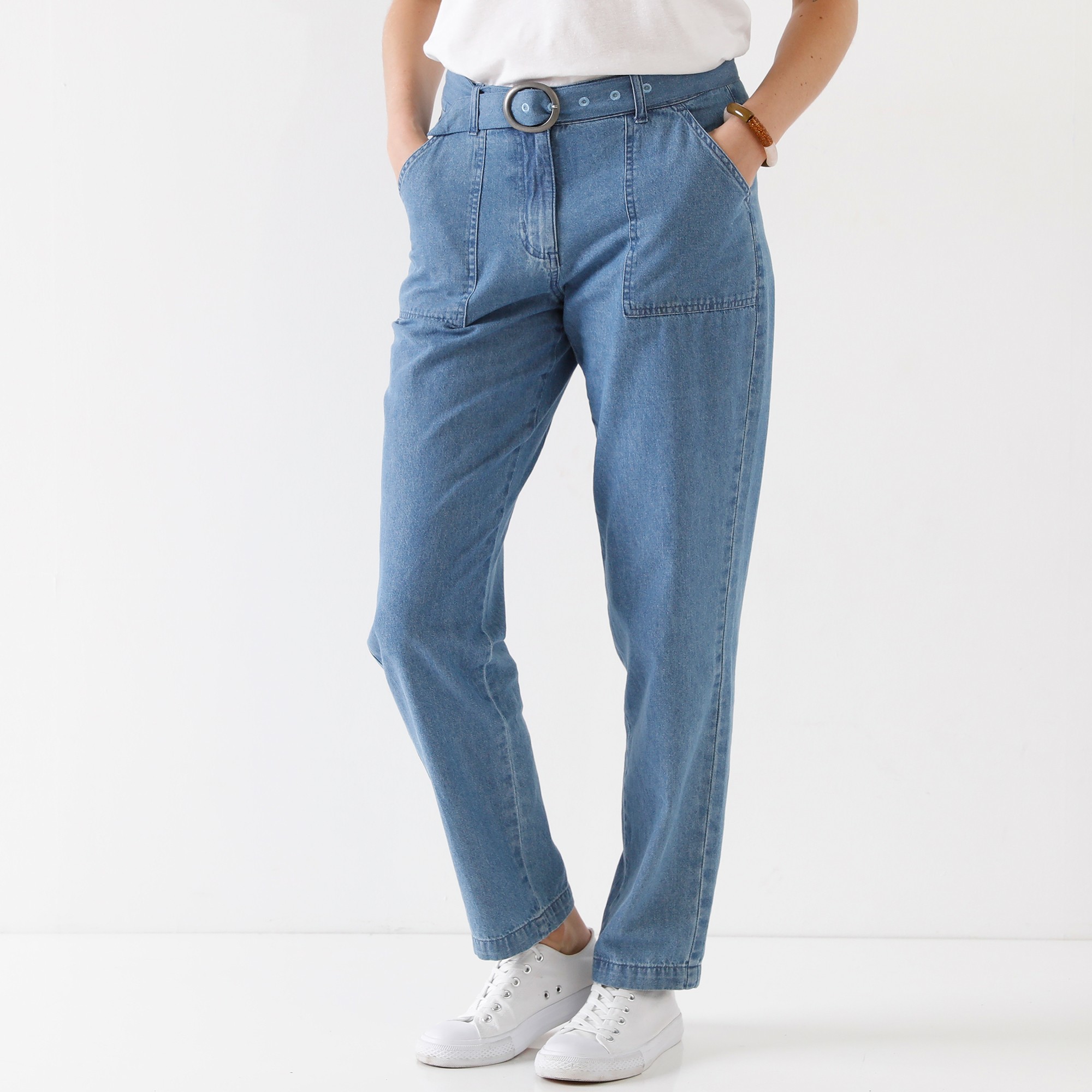 Pantalon Droit En Jean Avec Ceinture À Boucle - Blancheporte