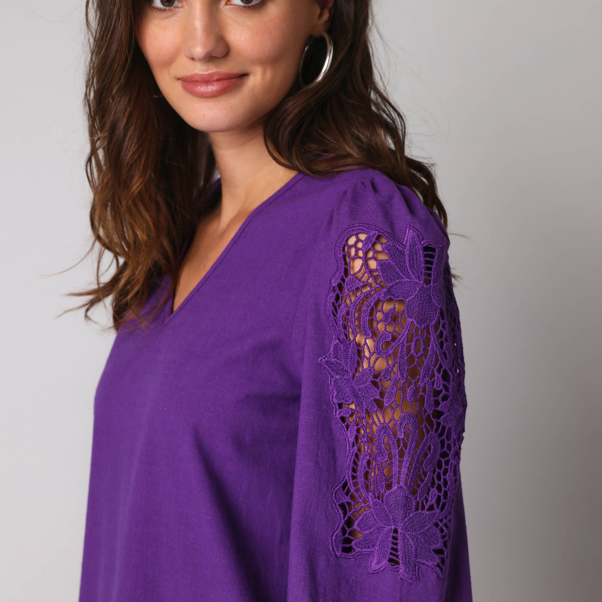 Robe courte col V, manches bouffantes à broderies ajourées - Blancheporte