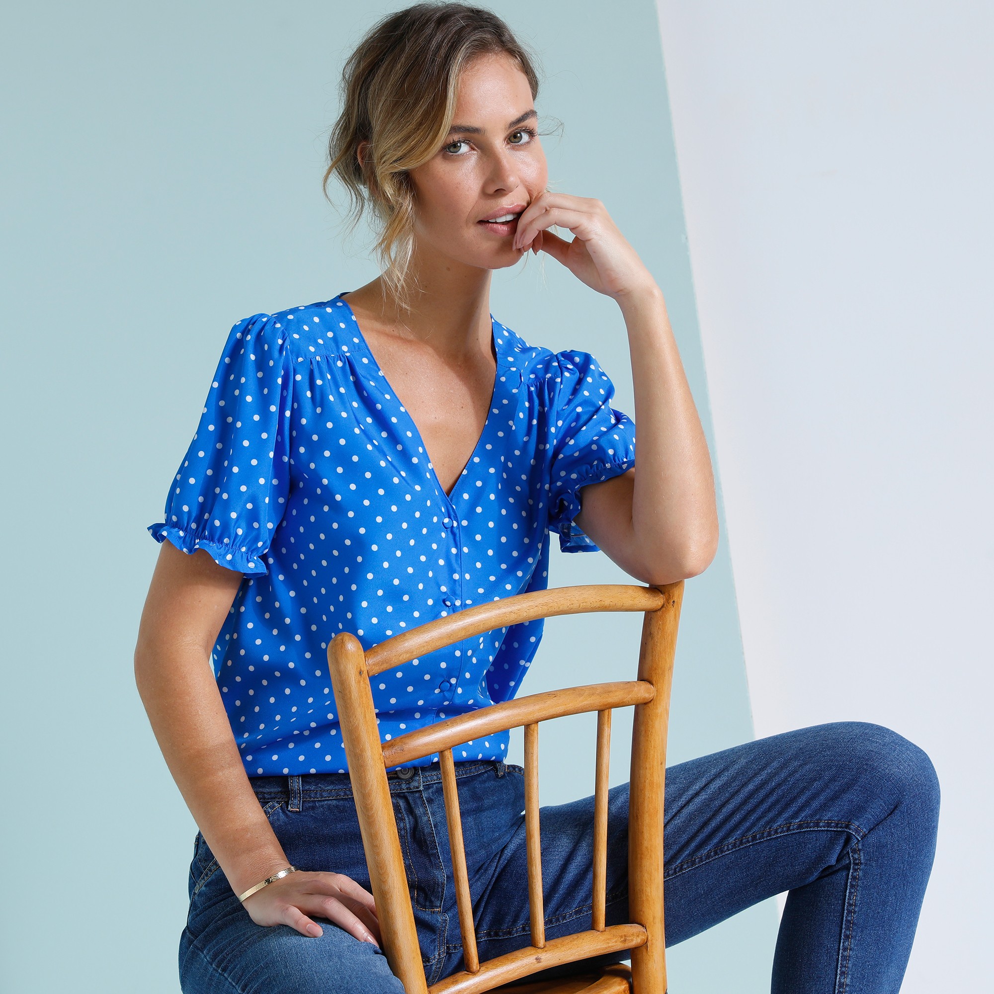 Chemisier Boutonné Manches Blousantes Imprimé Pois - Blancheporte