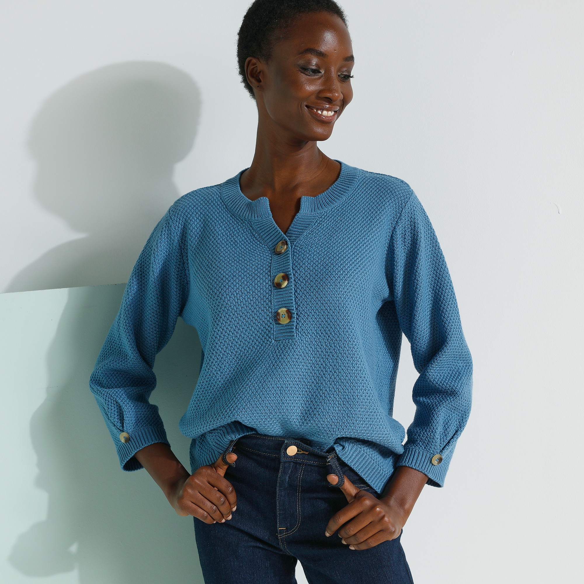 Pull Col Tunisien Manches 3/4, Maille Fantaisie - Blancheporte