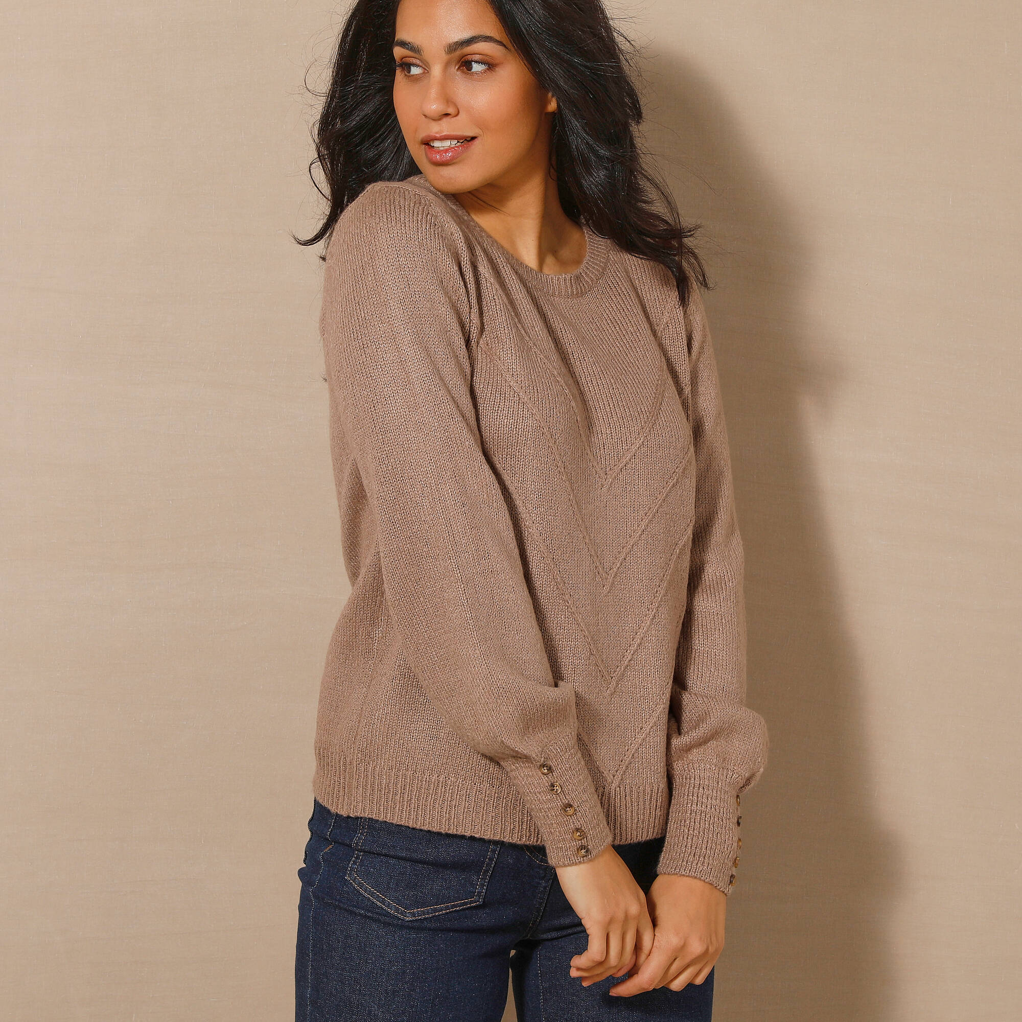 Pull Maille Fine Warehouse Beige/gris Motif Damassé - Taille 8, Occasion Très Bon état