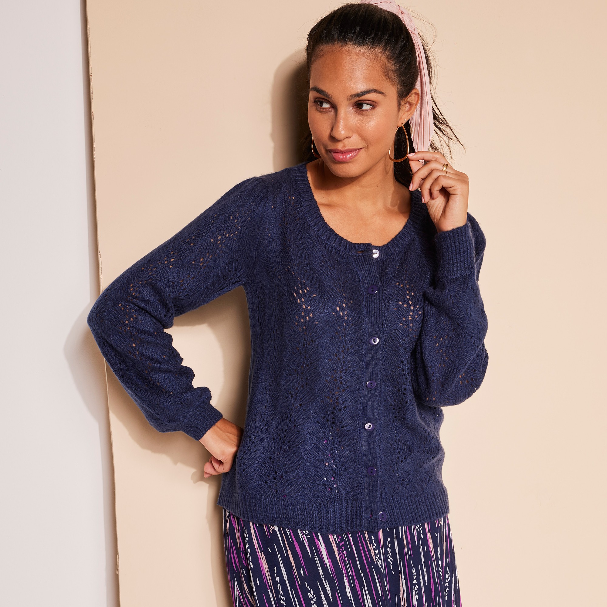 Cardigan Boutonné Manches Blousantes, Maille Ajourée Toucher Mohair - Blancheporte