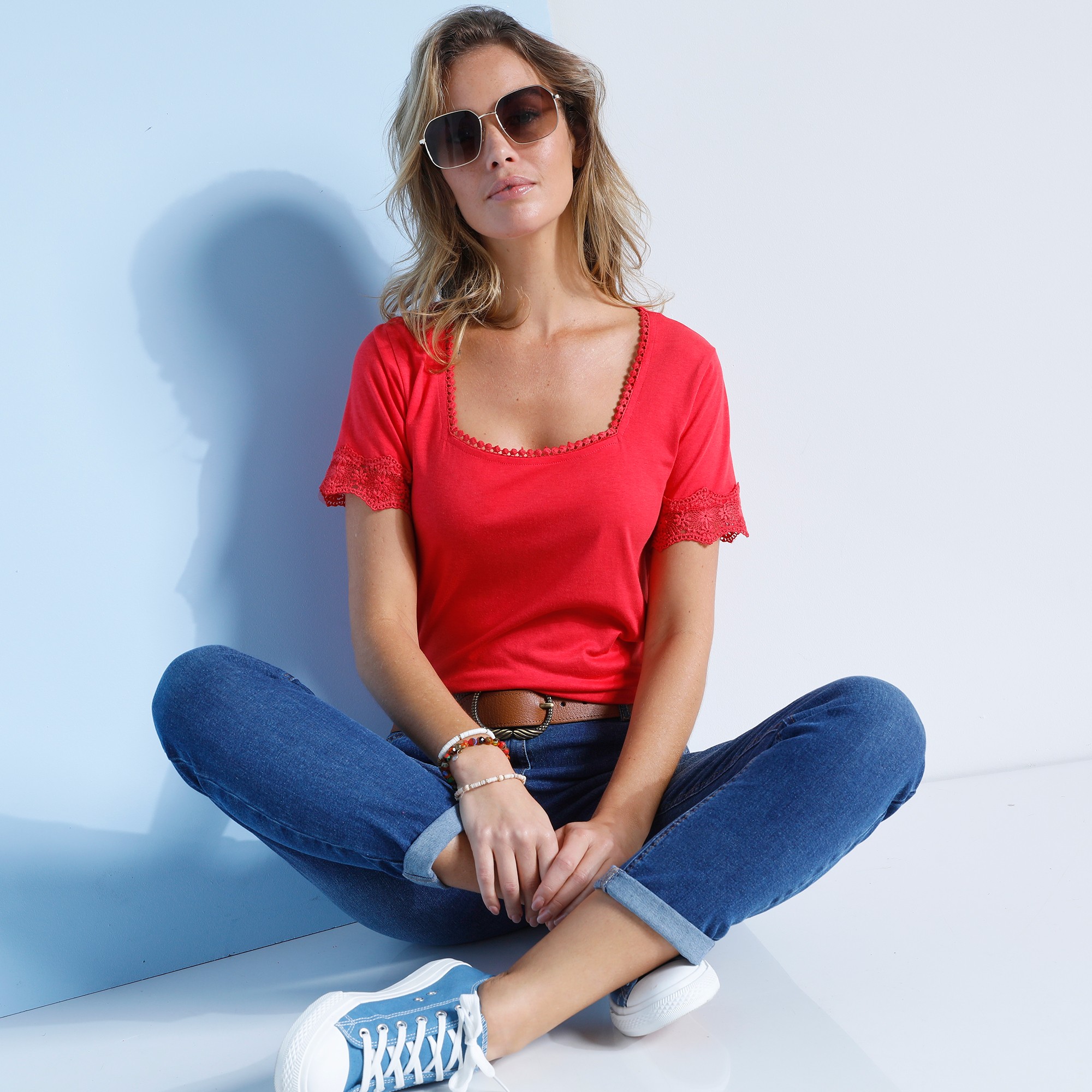 T-shirt Col Carré Galon Fantaisie - Blancheporte