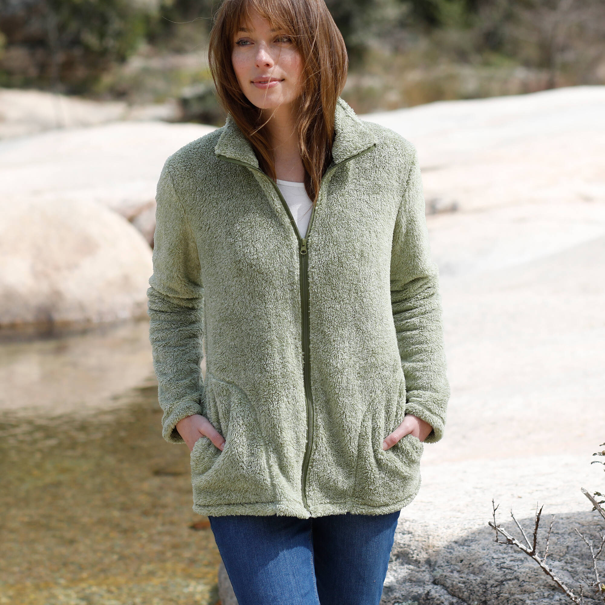 Veste zippee manches longues maille peluche vert chine Blancheporte