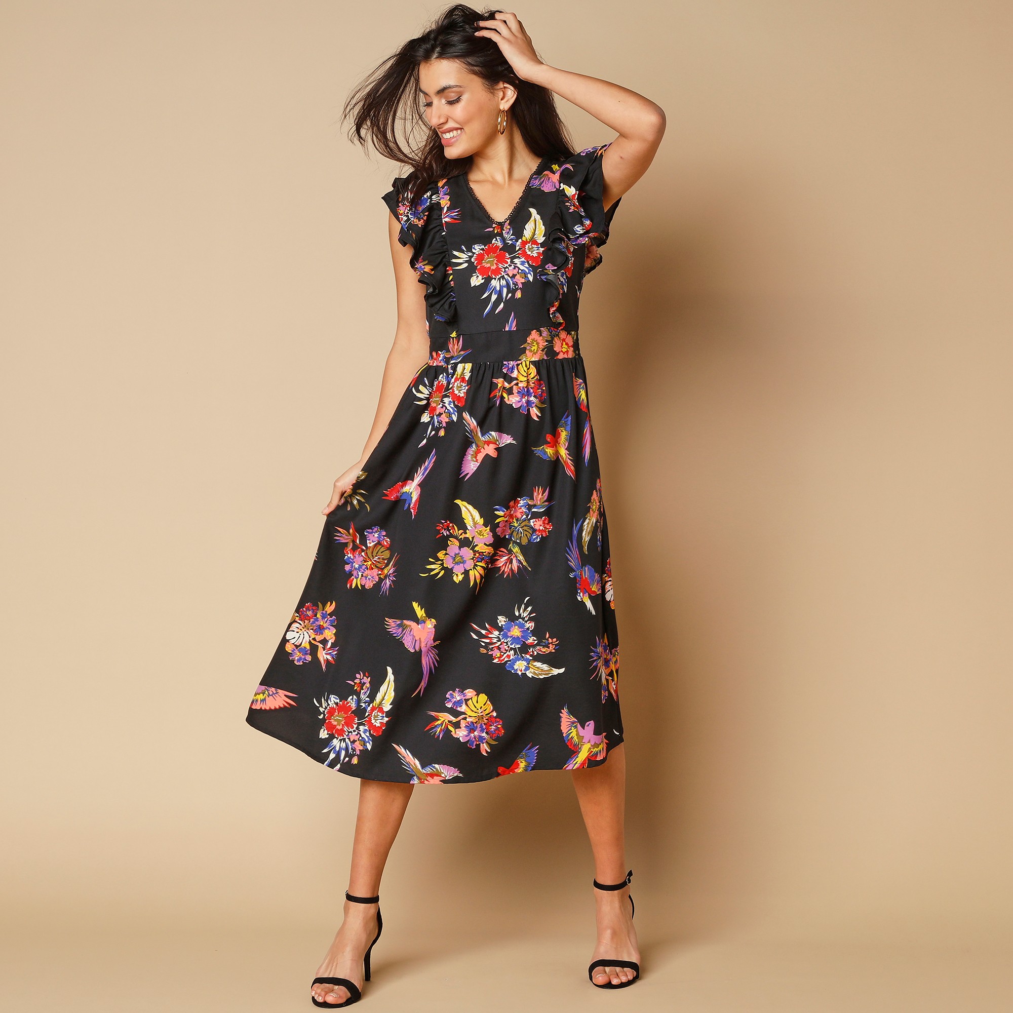 Robe midi imprimée, polyester recyclé(**) - 50 - Noir - Lora Zellini