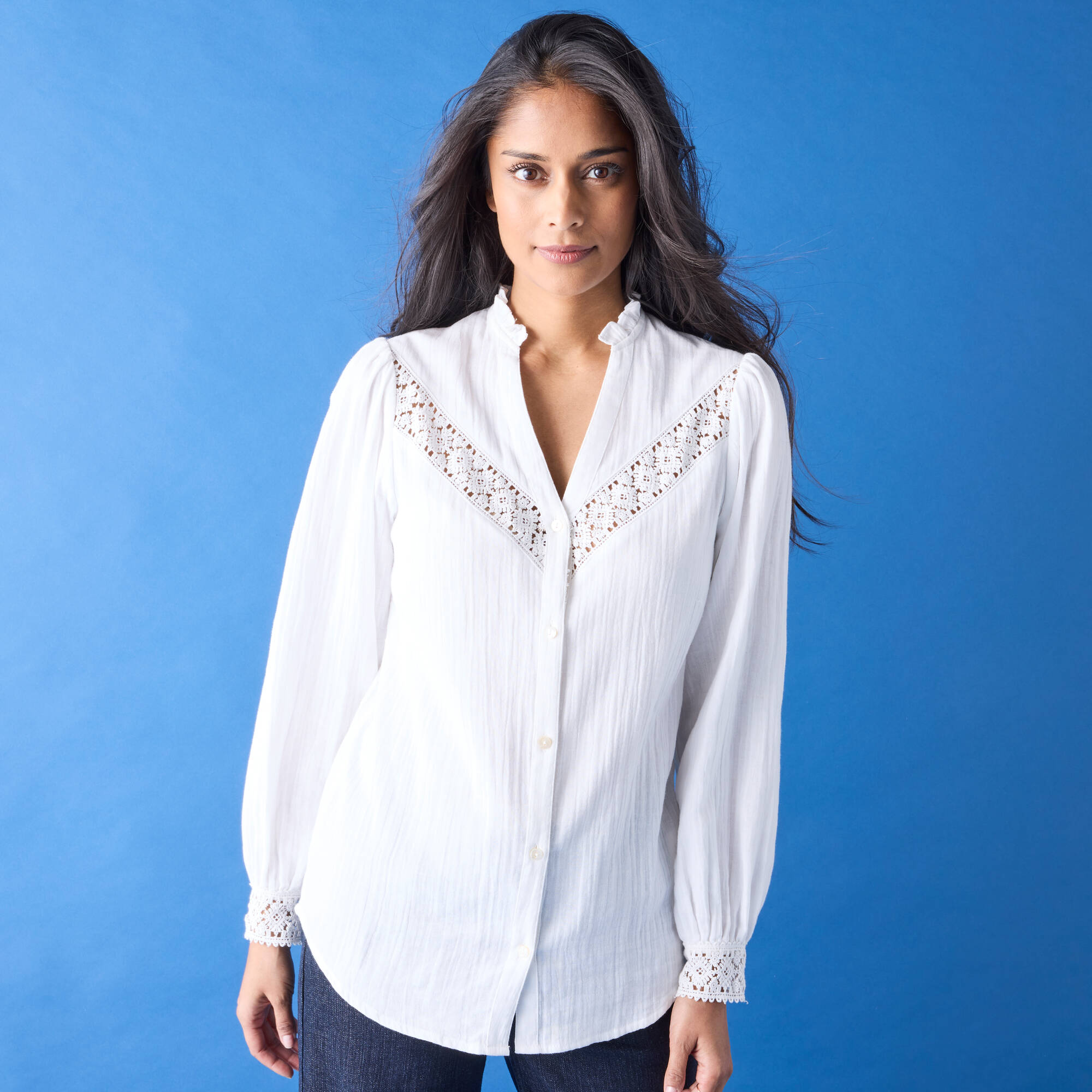 Chemisier boutonné macramé, gaze de coton, blanc Blancheporte