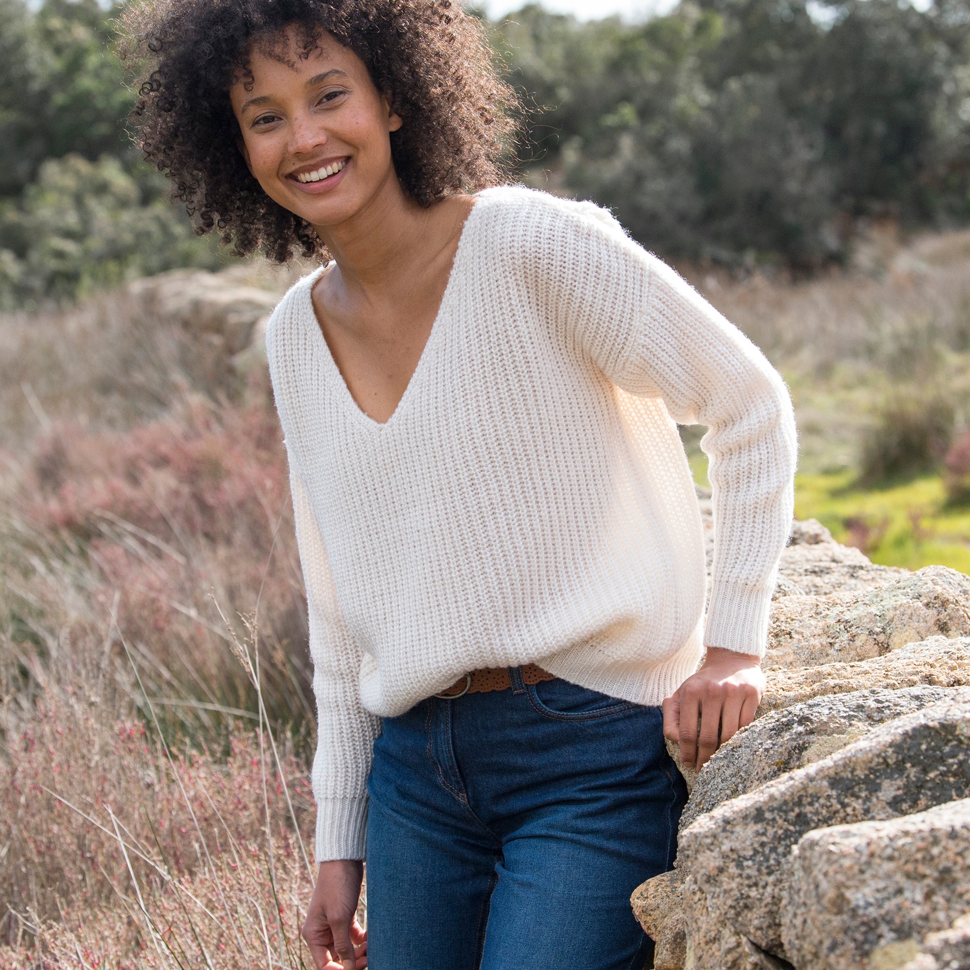 Pull Col V Volume Loose, Maille Anglaise Toucher Mohair - Blancheporte