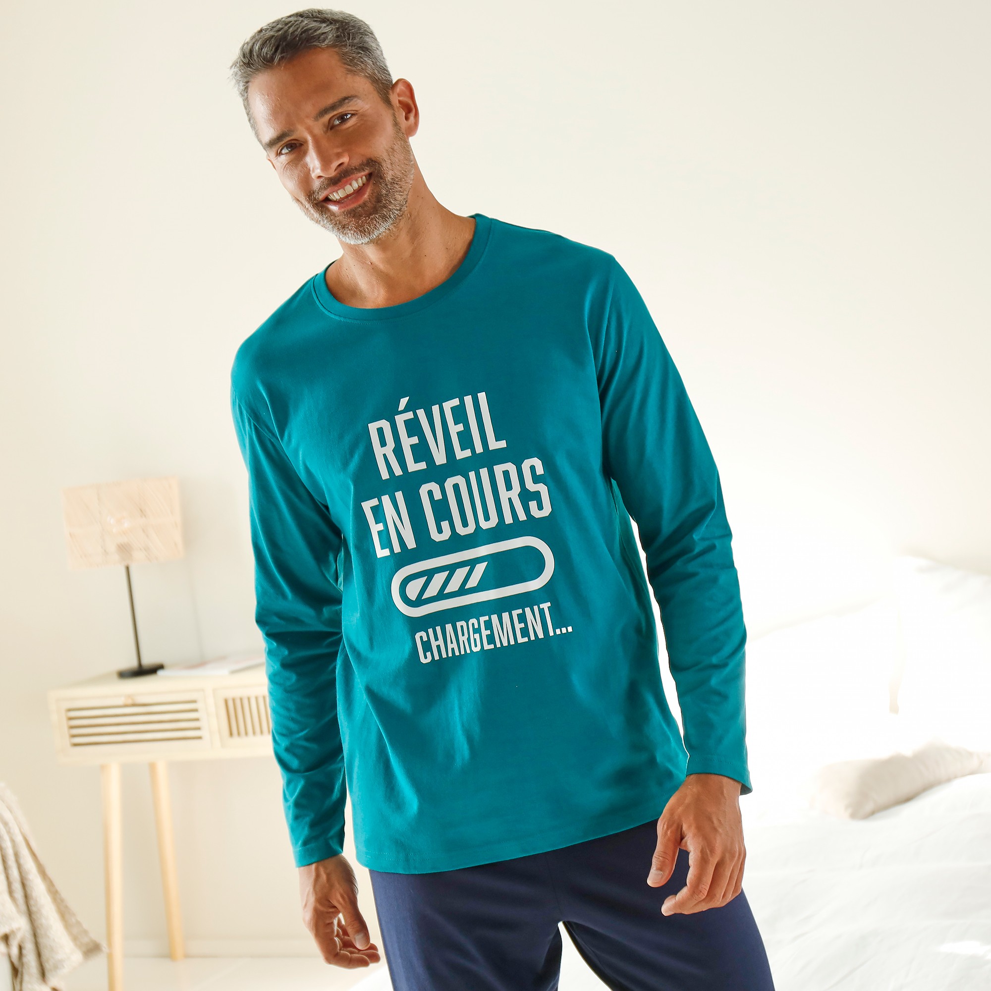 Pyjama col rond message bleu canard marine Blancheporte