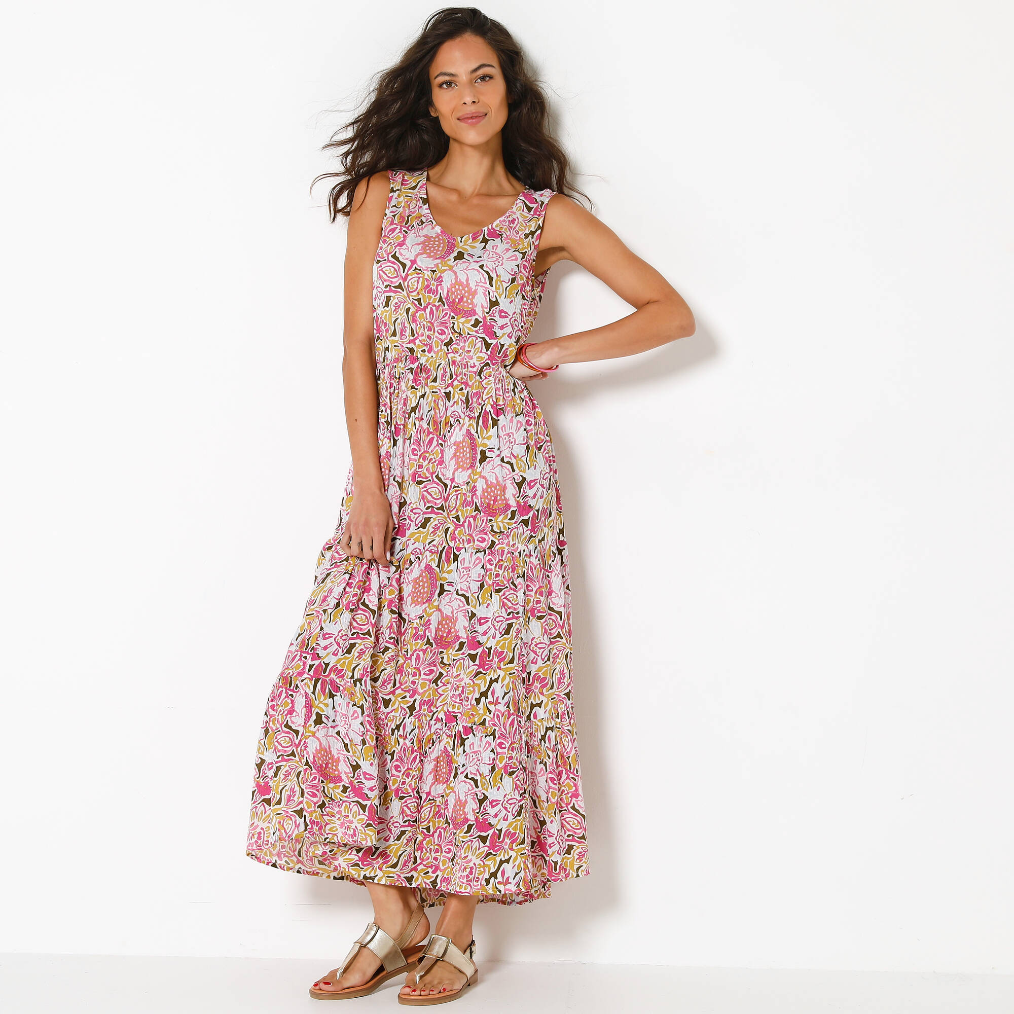 Robe longue à volants, crépon imprimé
