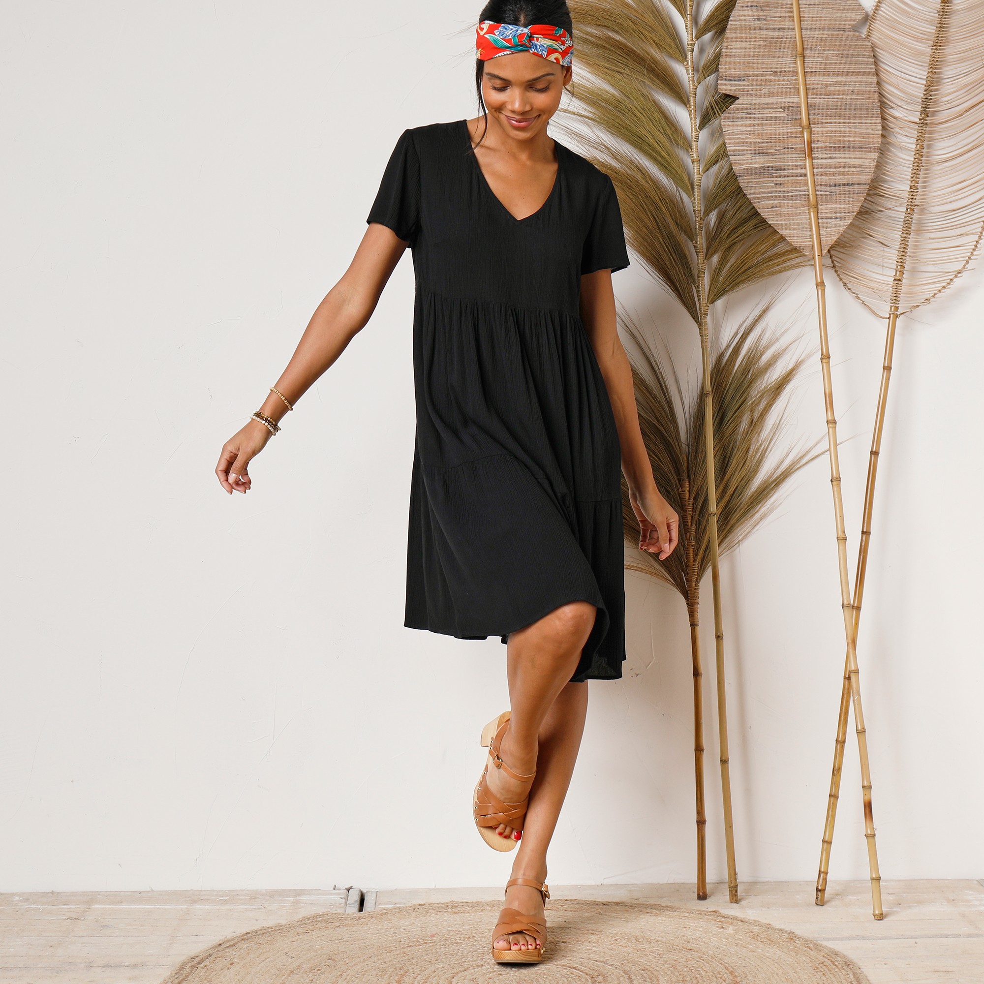 Robe Col V Courte Unie, Crépon - Blancheporte